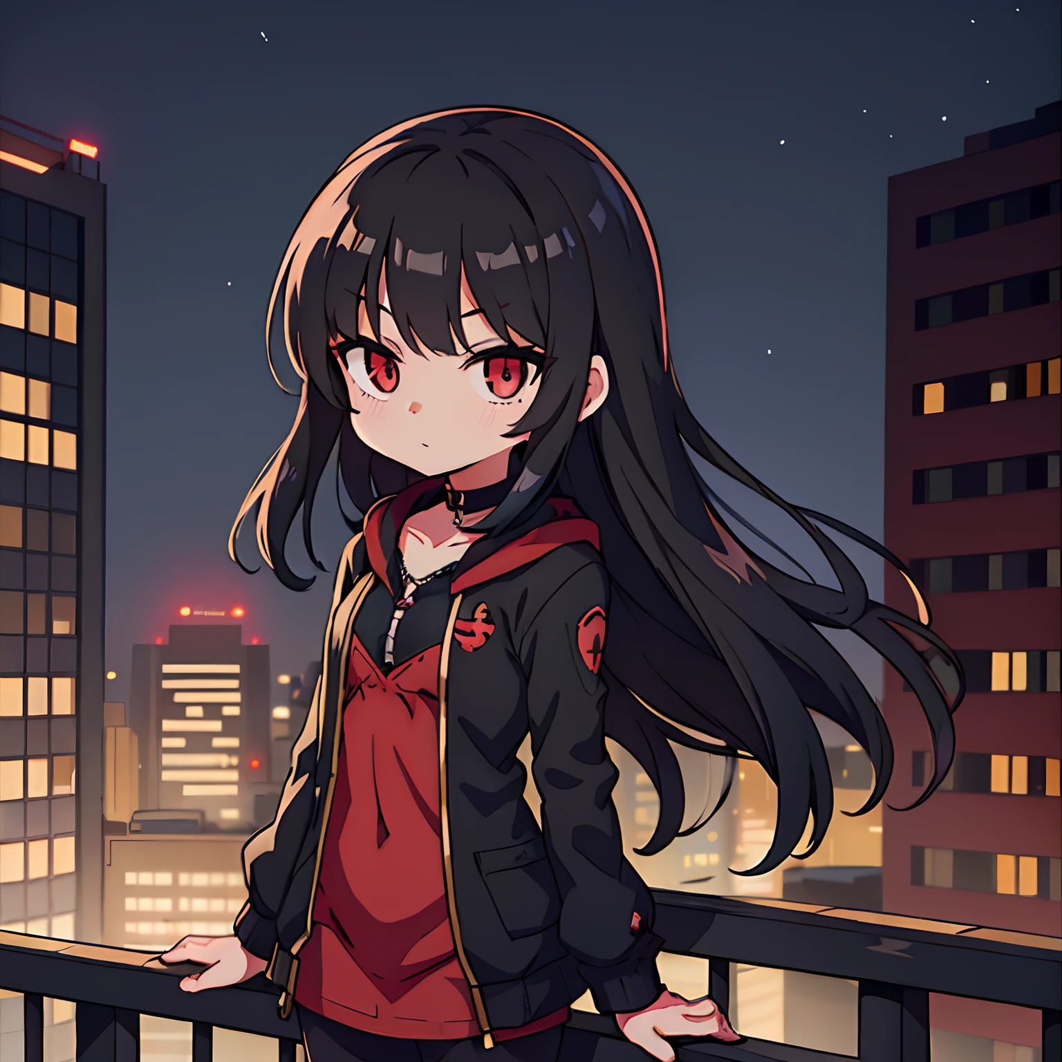 Anime girl with long black hair standing on a balcony in front of a city, anime moe artstyle, visual anime de uma bonito, estilo anime 4K, badass anime 8 k, meninabelo preto vestindo capuz, (menina animerato estilo anime, menina anime bonitin Kitagawa Fanart, em estilo anime, arte anime de alta qualidade, Digital anime illustration