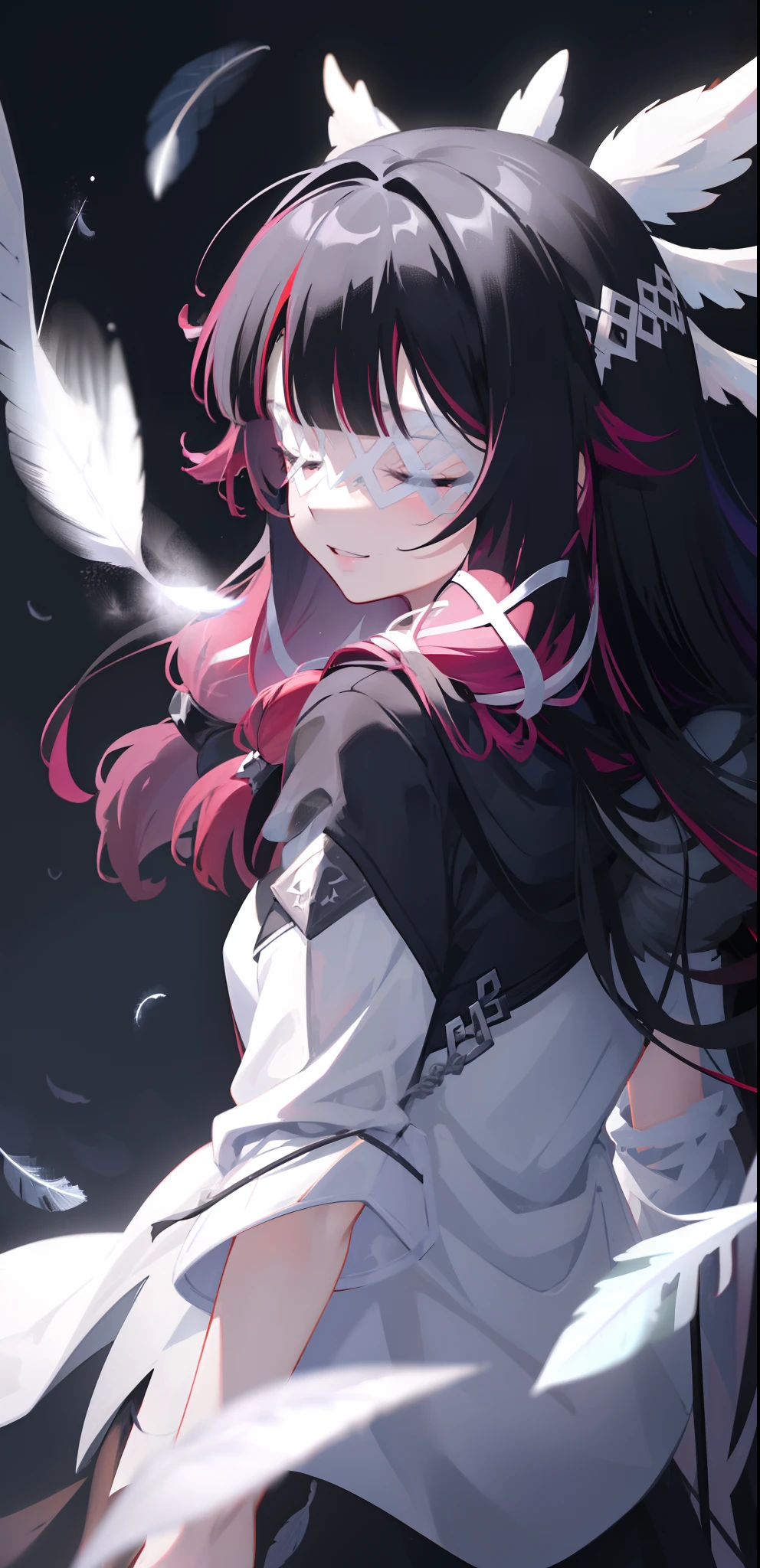 1girl, long hair, black hair, red hair, solo, closed eyes, eye_mask, head wings, hair ornament, blunt bangs, light blue spotlight shining down, feathers, dark, angel wings, falling feathers, evil, mysterious, over the shoulder pose, black background, wind, smiling, jacket, zoomed out