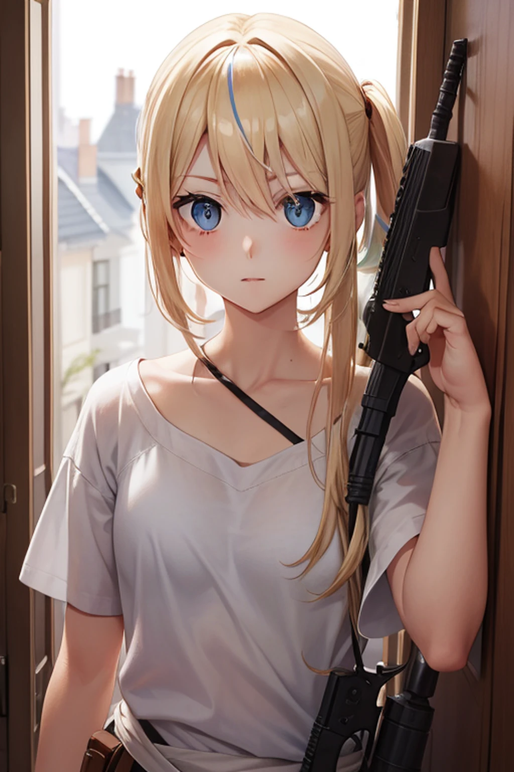 Gun in right hand a blond bobhair blue eyess femele animesque hair pin inside the house