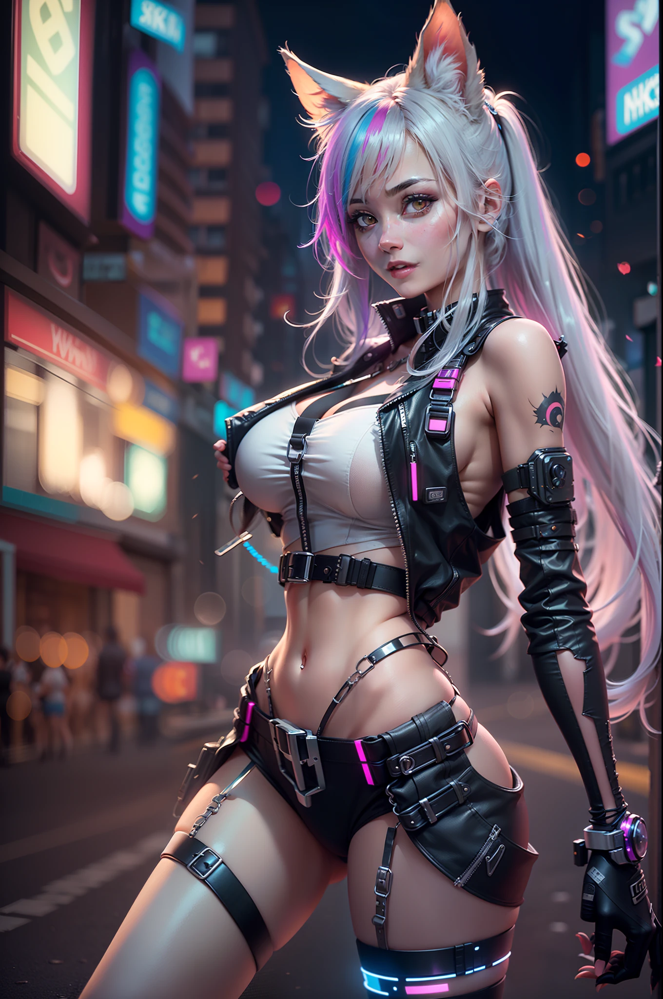 (RAW photo, best quality, masterpiece:1.2), (realistic, photo-realistic:1.4),(masterpiece:1.4),(best quality:1.4), ((sexy cute cyberpunk catgirl)), ((slender body)), big breasts, :d, (bangs), blush, ((colorful body harness)), ((dynamic pose)), cowboy shot, (((cyberpunk city streets background))), hair intakes, ((shapeless long hair)), glowing neon accents, looking at viewer, sidelocks, smile, (((thigh gap))), thighs, twintails, very long hair, multicolor hair, alice \(nikke\),(shiny skin),realistic.