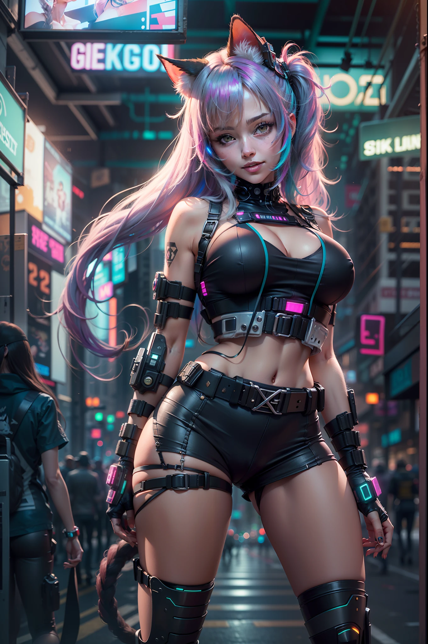 (RAW photo, best quality, masterpiece:1.2), (realistic, photo-realistic:1.4),(masterpiece:1.4),(best quality:1.4), ((sexy cute cyberpunk catgirl)), ((slender body)), big breasts, :d, (bangs), blush, ((colorful body harness)), ((dynamic pose)), cowboy shot, (((cyberpunk city streets background))), hair intakes, ((shapeless long hair)), glowing neon accents, looking at viewer, sidelocks, smile, (((thigh gap))), thighs, twintails, very long hair, multicolor hair, alice \(nikke\),(shiny skin),realistic.