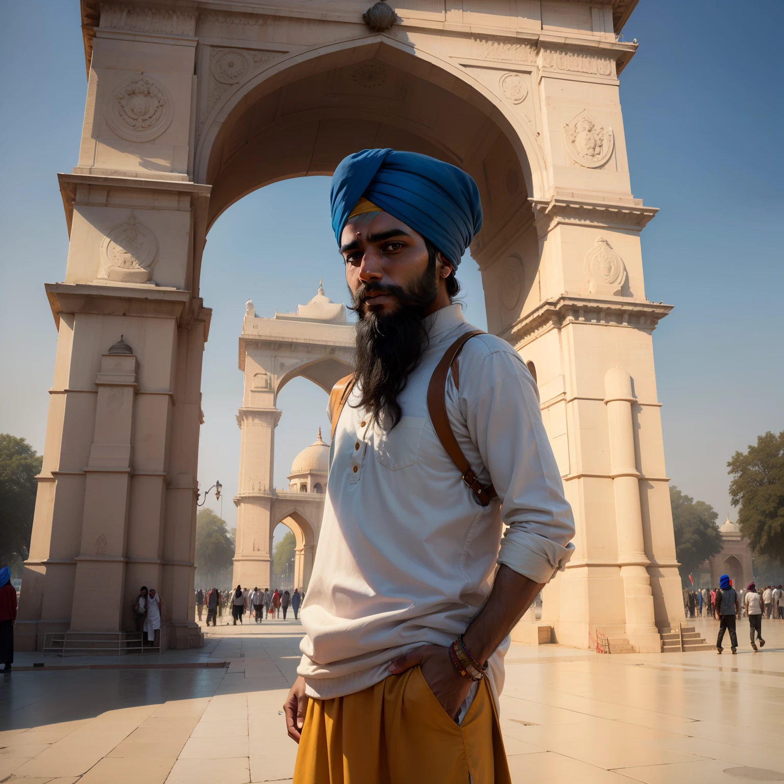 A Sardar smiling in front of the Qutub Minar