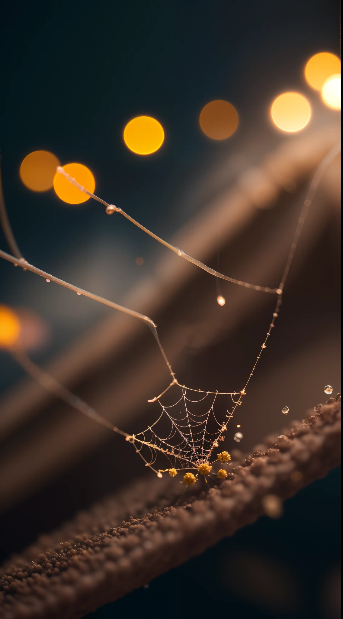 Divinely beautiful microscopic world , Masterpiece , Macro photography , cobweb close up, film grain, chromatic aberration, neon bokeh , smoke , highly detailed, Bright sunny weather, microflowers, drops, blur