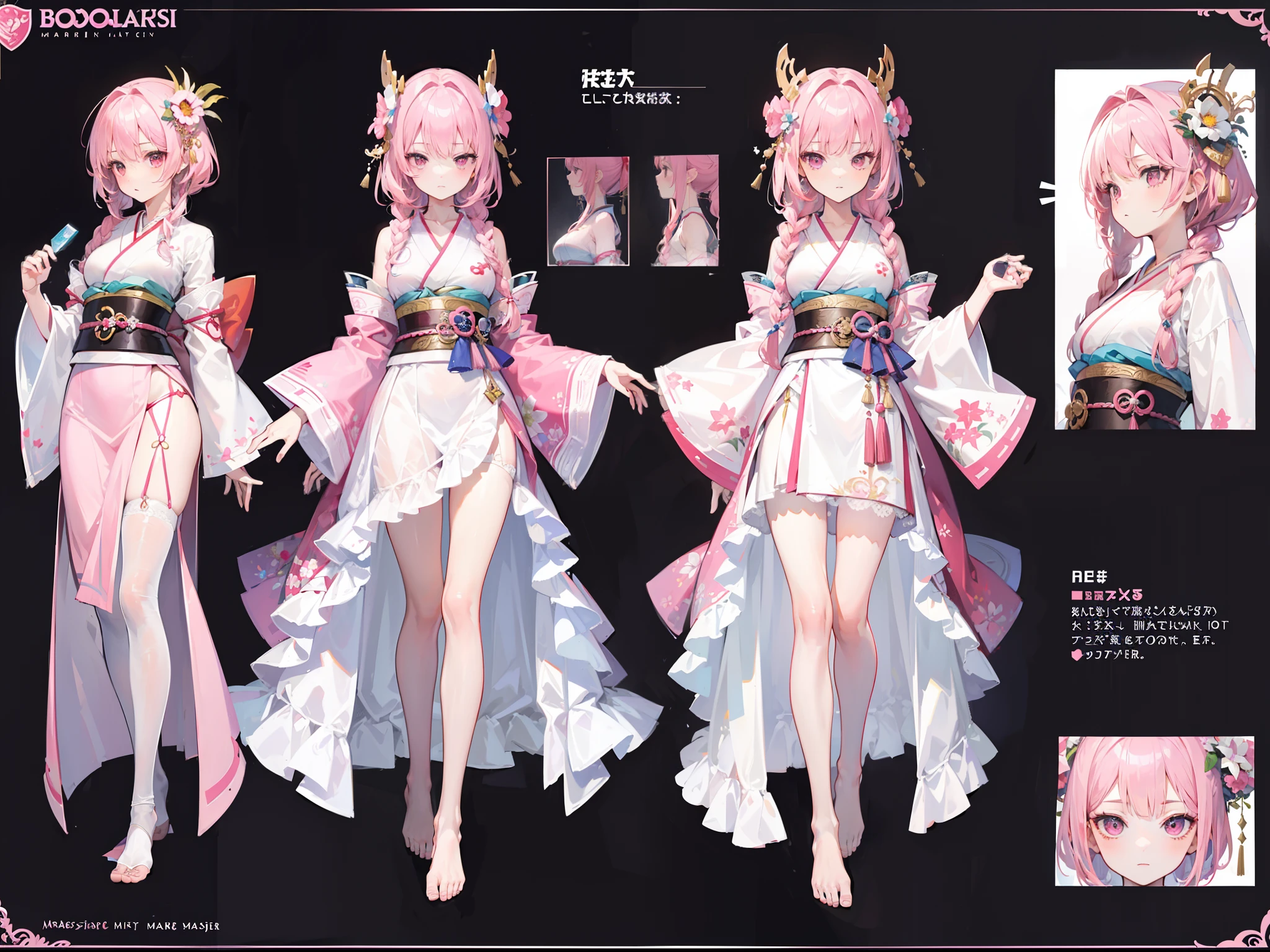 ((Masterpiece, Highest quality)), Detailed face, character design sheet, full bodyesbian, Full of details, Multiple expressions, Highly detailed, Depth, Many parts,Pretty girl with pink hair,Double braid,Kimono with white,white stockings,Barefoot,Pink belt,faeries,White wings
