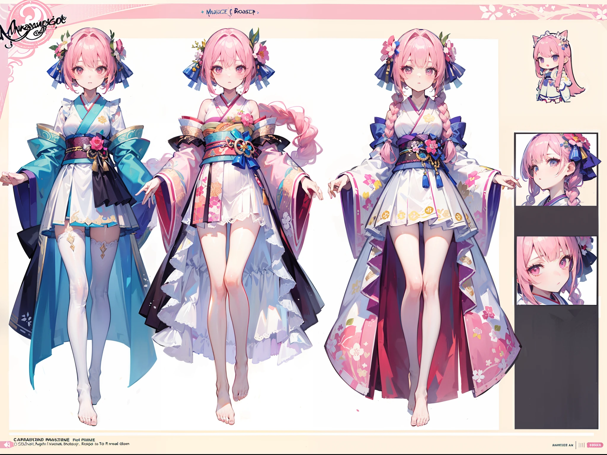 ((Masterpiece, Highest quality)), Detailed face, character design sheet, full bodyesbian, Full of details, Multiple poses and expressions, Highly detailed, Depth, Many parts,Pretty girl with pink hair,Double braid,Kimono with white,white stockings,Barefoot,Pink belt,faeries,White wings