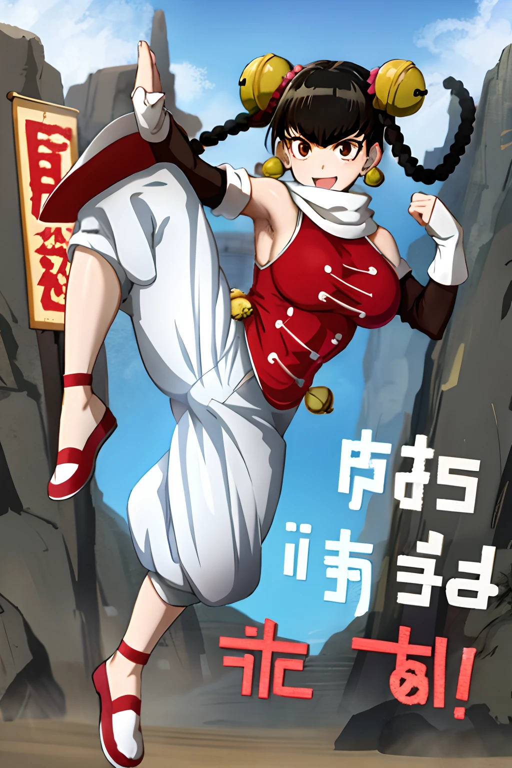 masterpiece, best quality, absurdres, 1girl, lin lin (one-punch man), medium breasts, brown eyes, solo, short hair, bangs, black hair, twin braids, bell, jingle bell, hair bell, hair ornament, gloves, dress, bare shoulders, jewelry, braid, earrings, detached sleeves, shoes, sleeveless, elbow gloves, pants, white gloves, fingerless gloves, white scarf, chinese clothes, red footwear, bridal gauntlets, hair rings, white pants, outdoors, fighting stance, village in beach, full body, walking, smile