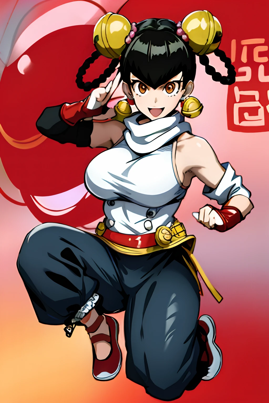 masterpiece, best quality, absurdres, 1girl, lin lin (one-punch man), medium breasts, brown eyes, solo, short hair, bangs, black hair, twin braids, bell, jingle bell, hair bell, hair ornament, gloves, dress, bare shoulders, jewelry, braid, earrings, detached sleeves, shoes, sleeveless, elbow gloves, pants, white gloves, fingerless gloves, white scarf, chinese clothes, red footwear, bridal gauntlets, hair rings, white pants, outdoors, fighting stance, village in beach, full body, walking, smile