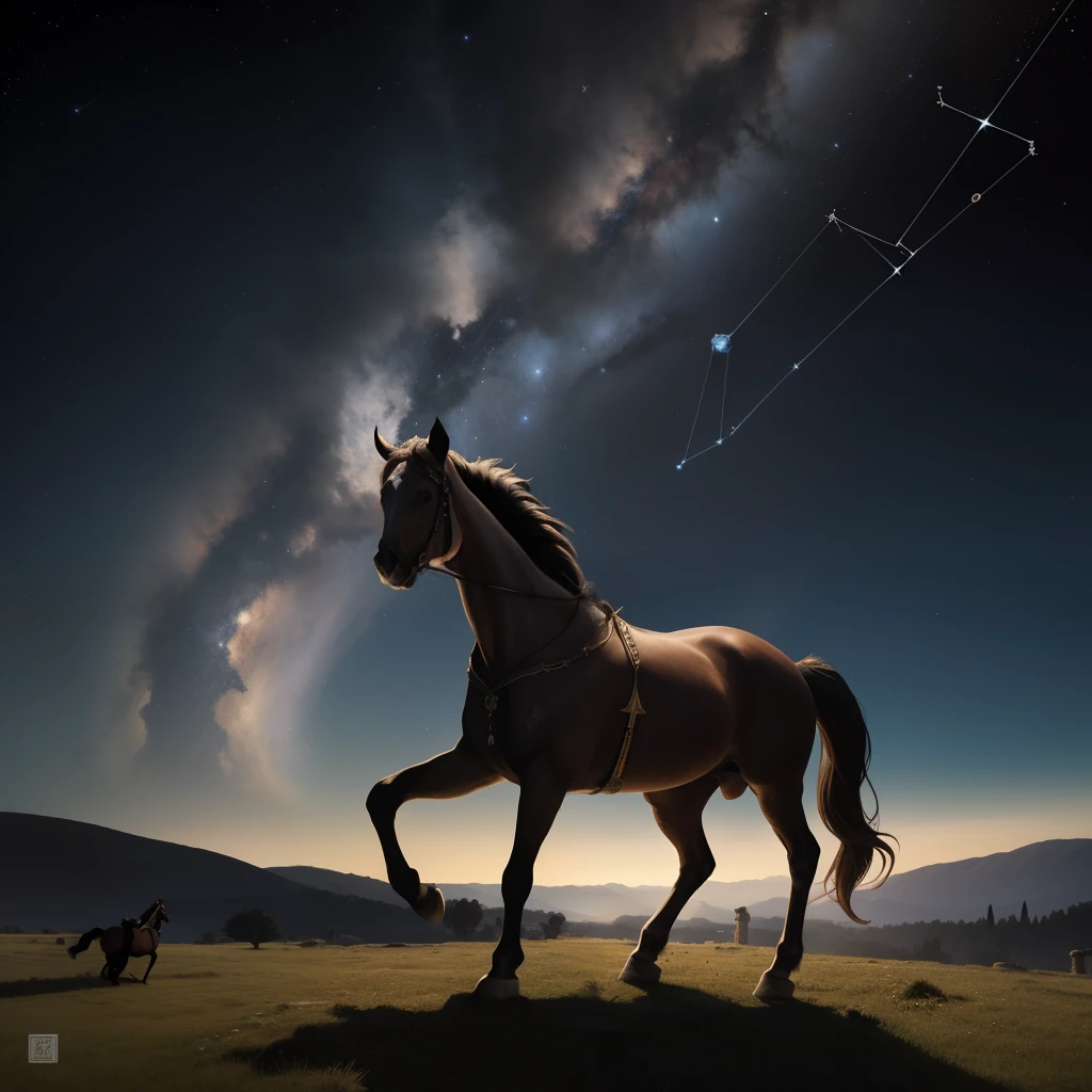 Ancient constellation, mythic, Grego, Sky of the past, cavalo com mapas de estrelas no corpo, escritas no corpo, pergaminho