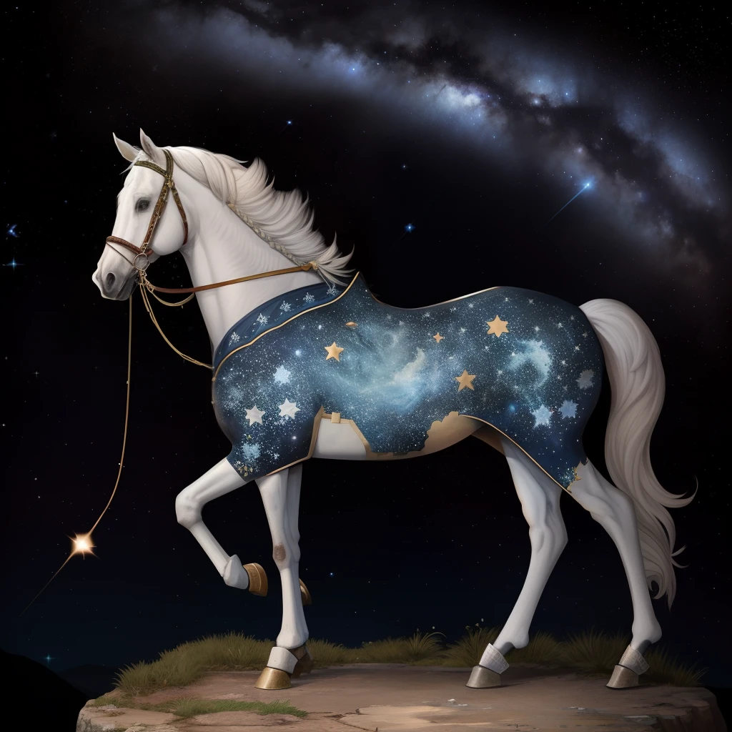 Ancient constellation, mythic, Grego, Sky of the past, cavalo com mapas de estrelas no corpo, escritas no corpo, pergaminho