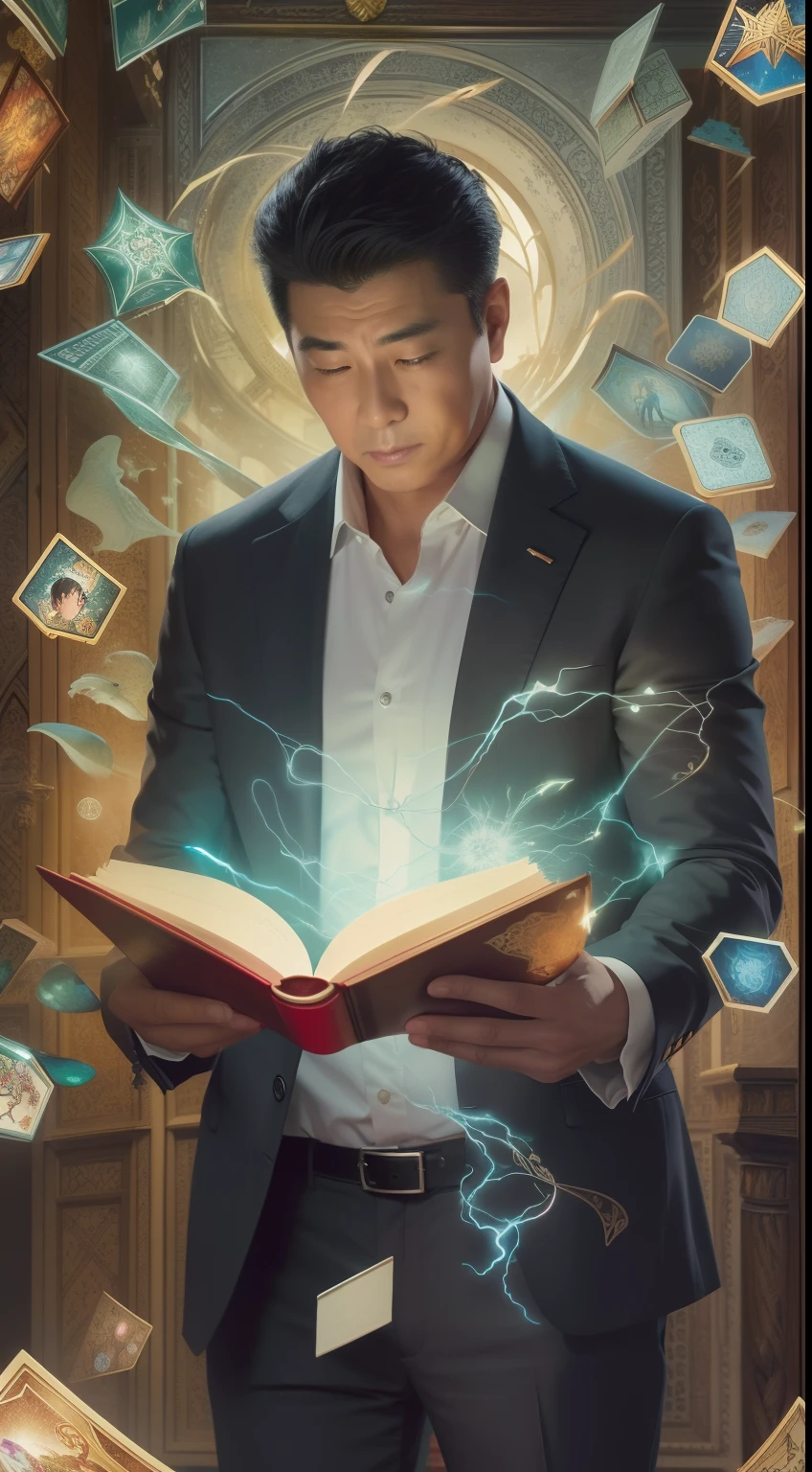 A detailed painting depicting a handsome, mature Asian man in a suit surrounded by a flurry of glowing Magic The Gathering cards and the book Dungeons and Dragons in the center.