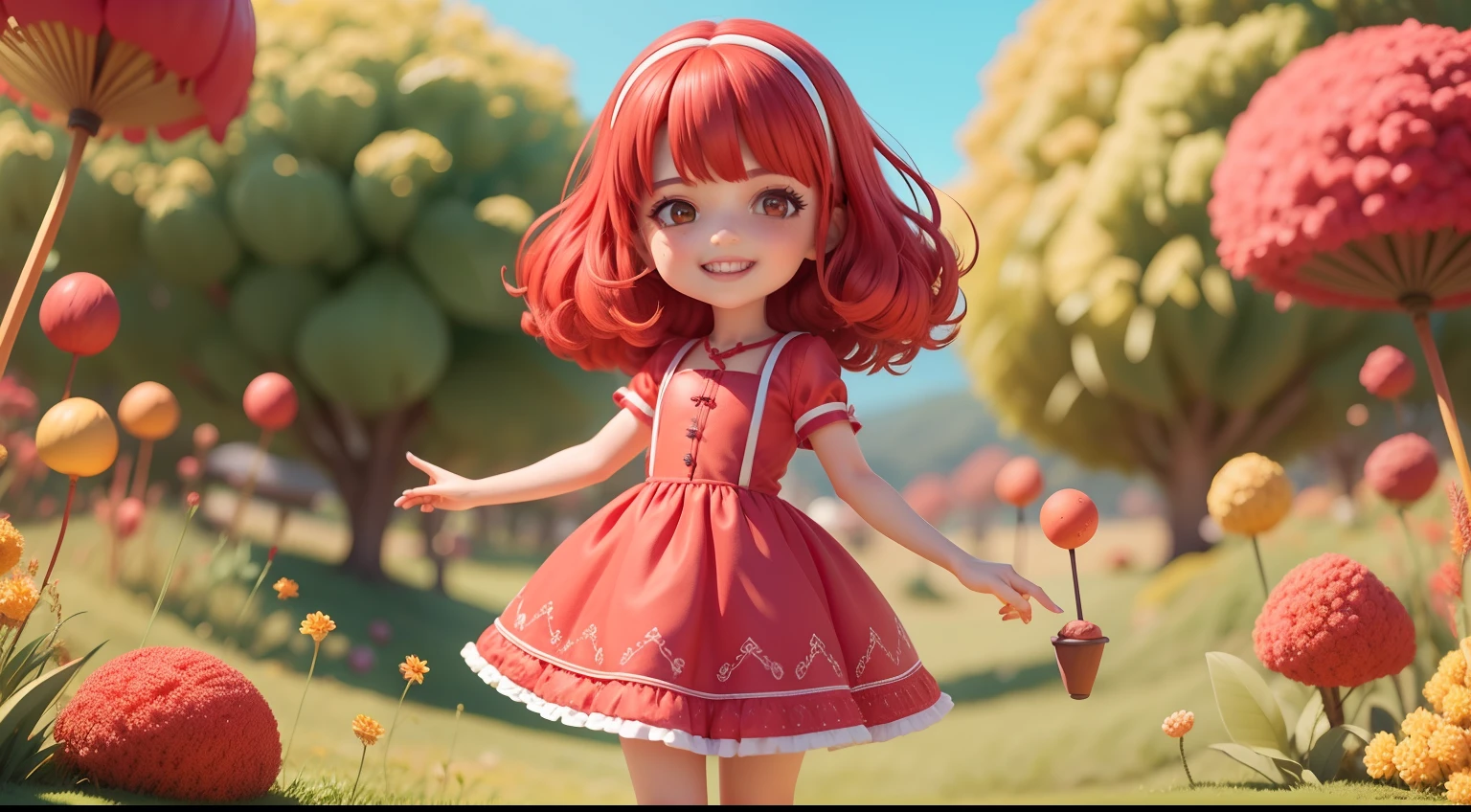 uma menina feliz com o cabelo vermelho ,red hair, cabelo curto com franjinha , com vestido vermelho com textura de morango, full body, no estilo de desenho da Pixar Disney , brincando em um stramberry fields em um dia ensolarado
