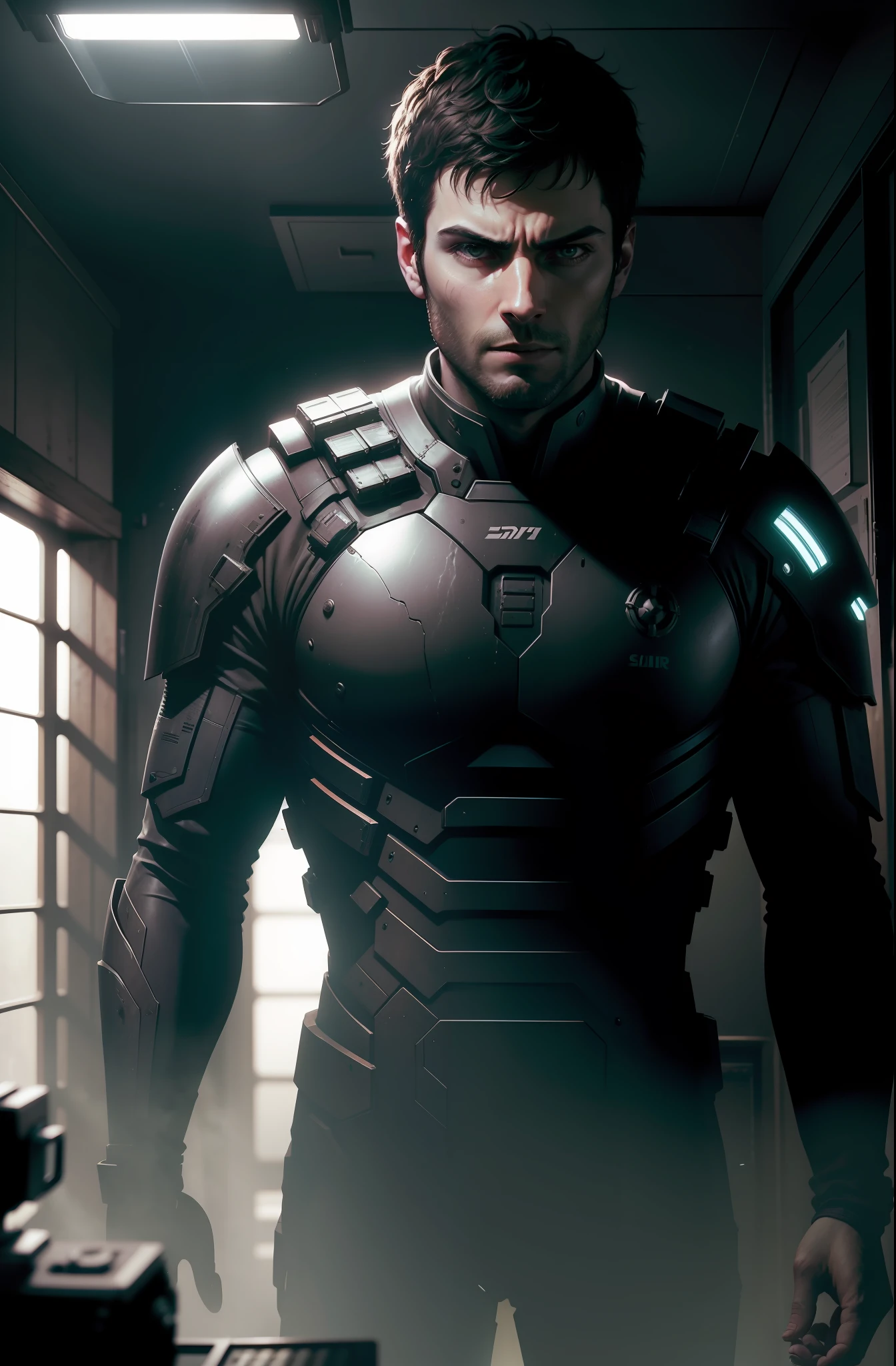 Sci Fi Horror Dead Space David Giuntoli on Ishimura Haunted Ship photography, natural light, photorealism, cinematic rendering, ray tracing, the highest quality, the highest detail, Cinematic, Third-Person View, Blur Effect, Long Exposure, 8K, Ultra-HD, Natural Lighting, Moody Lighting, Cinematic Lighting