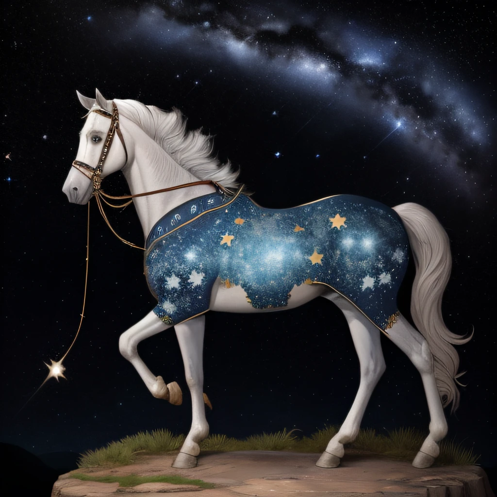 Ancient constellation, mythic, Grego, Sky of the past, cavalo com mapas de estrelas no corpo, escritas no corpo, pergaminho