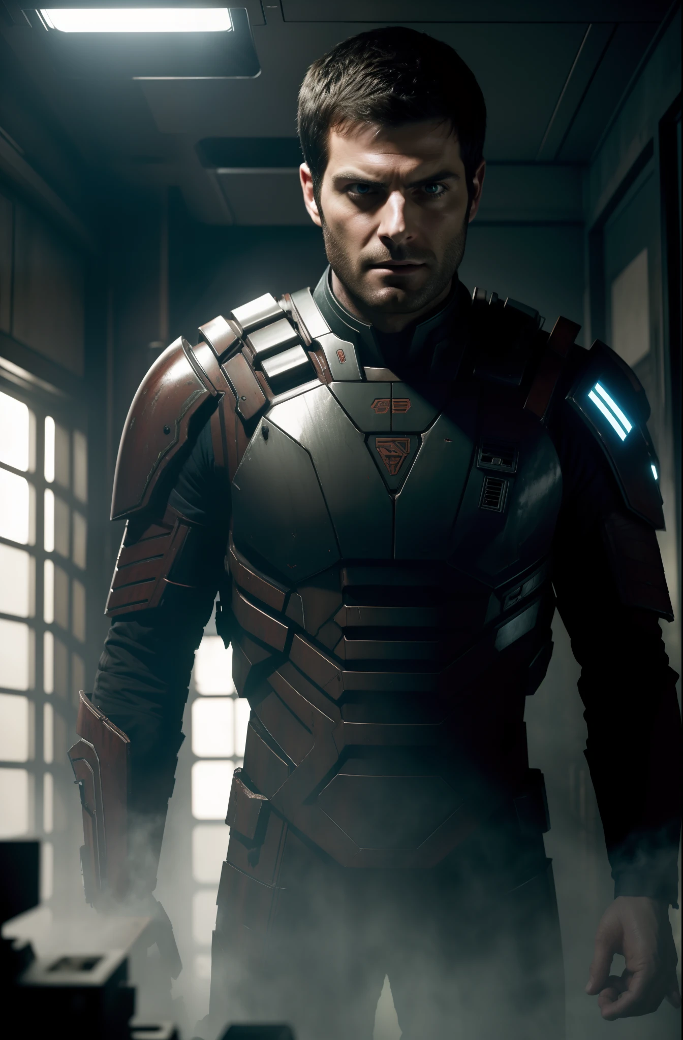 Sci Fi Horror Dead Space David Giuntoli on Ishimura Haunted Ship photography, natural light, photorealism, cinematic rendering, ray tracing, the highest quality, the highest detail, Cinematic, Third-Person View, Blur Effect, Long Exposure, 8K, Ultra-HD, Natural Lighting, Moody Lighting, Cinematic Lighting