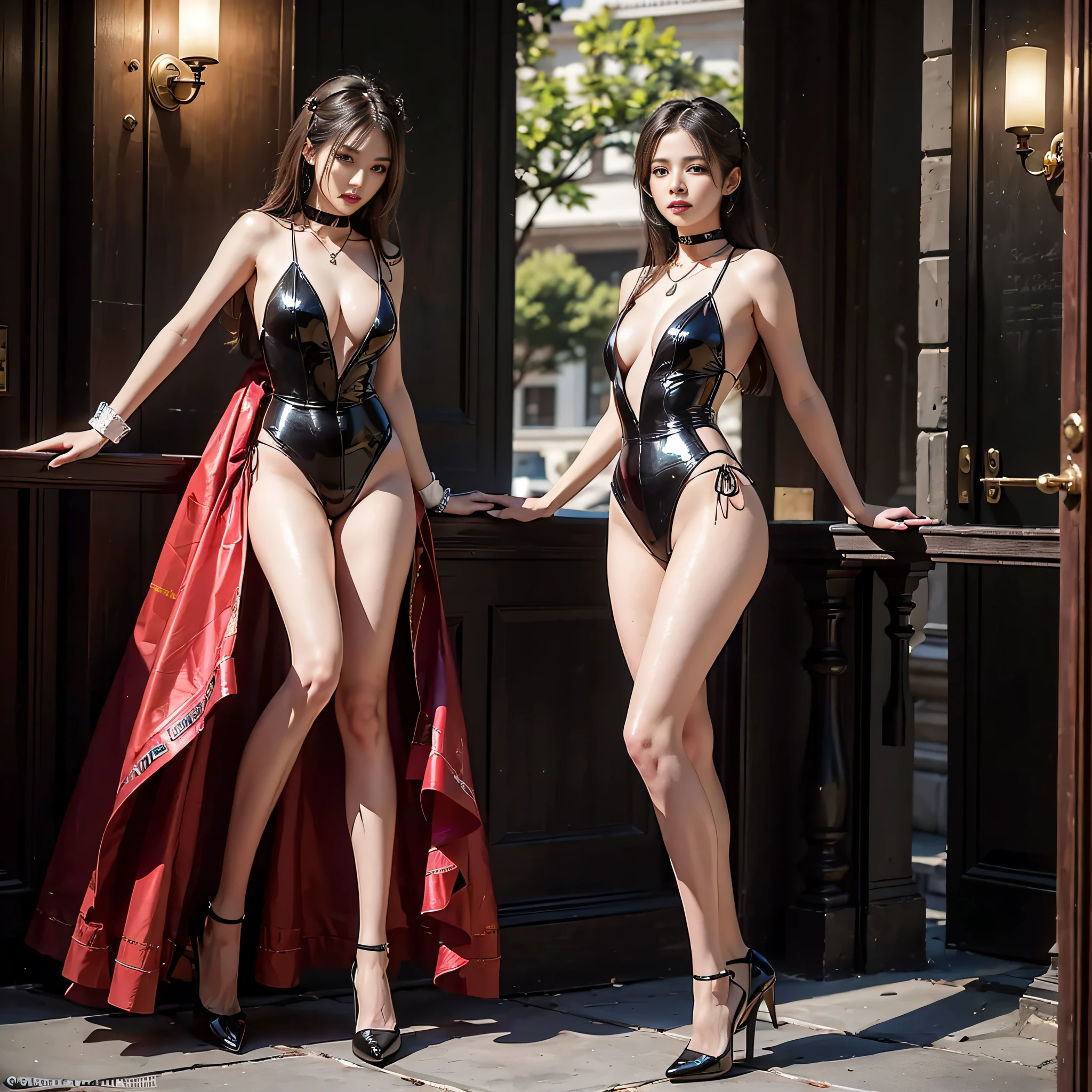 ((masterpiece:1.4)、(top-quality:1.4)、(reallistic:1.7))、a beauty girl、Super sexy daughter、Super beautiful girl、1girl in:1.4、Sexy clothes that show through the inside、Brilliant costumes、Glossy luxury latex、Luxury Latex Bodysuit、By Luis Royo、age19、Super Ultra Ultra Bikini、Outstanding style、(2 legs:1.4)、(Two arms:1.4)、Slender Abs、(beauty legs:1.4)、beautiful countenance、kawaii faces、Beautiful udder、Beautiful ass、A detailed eye、beautidful eyes、Raw photo、red-lips、Red high heels、a choker、a necklace、耳Nipple Ring、Fantasy of an ancient city、Inside the palace