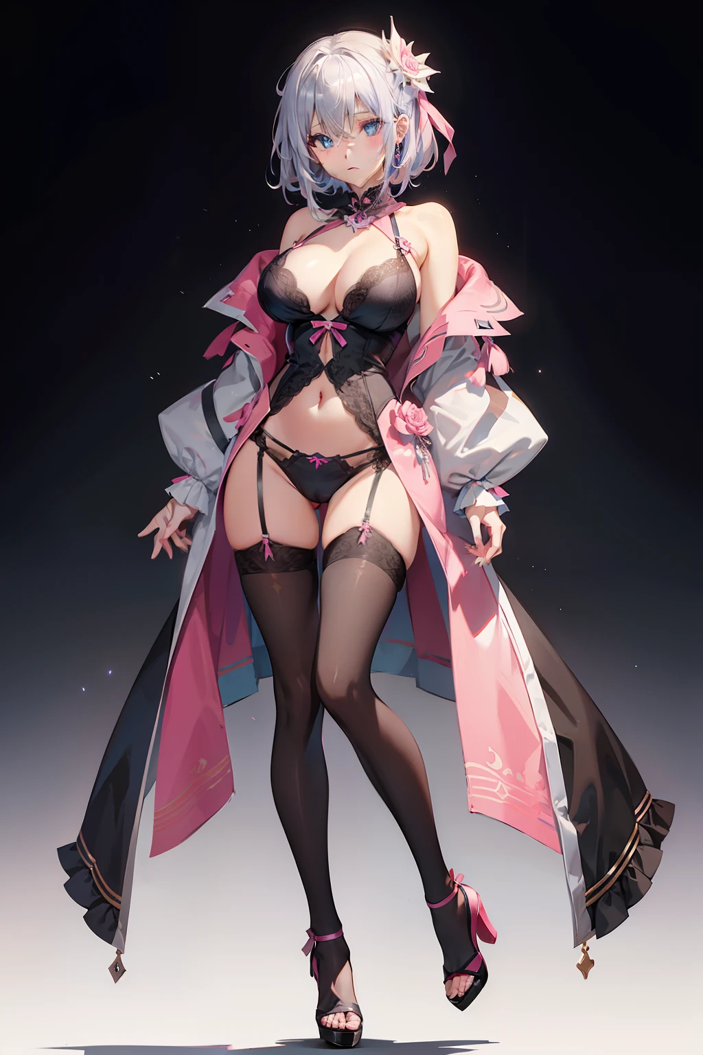animesque、silber hair、blue eyess、Full body black tights、Large breasts、pink there、an lingerie