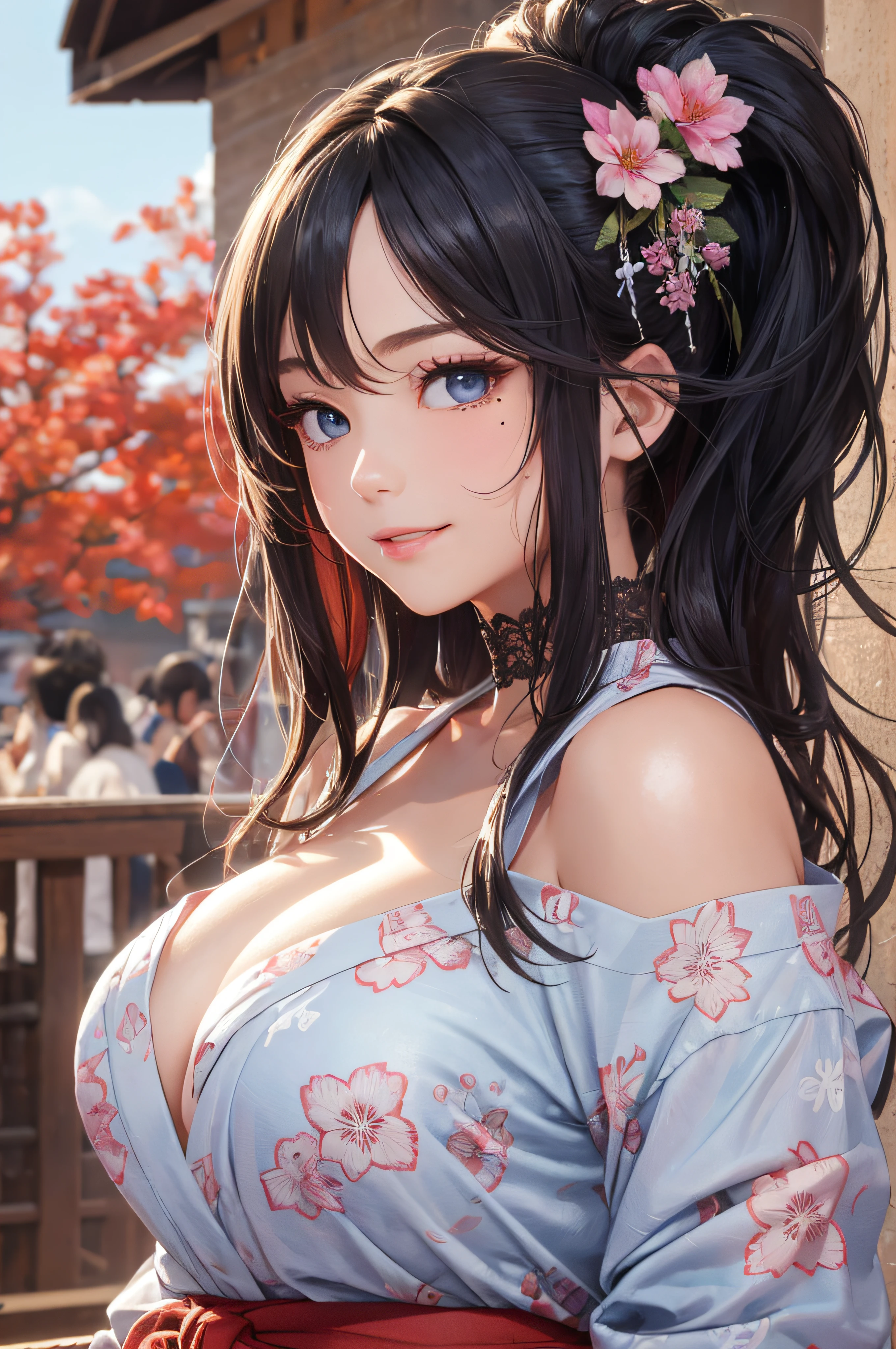 8K picture quality、top-quality、masutepiece、An ultra-high picture quality、ultra-detailliert、Ultra-realistic hair quality、Vibrant colors、Beautuful Women、Beautiful long hair、Shiny hair、detailed hairs、Blue Mesh、poneyTail、Blue eyes、Mole shiny skin at the corners of the eyes、Lace underwear、One mole in the valley、large pectoral muscles、Very gigantic-breasts、Sweat on the forehead and cheeks、extremely big ass、Fluffy off-shoulder yukata、A smile、soft pink lips、Ultra-realistic flesh feeling、Red cheeks、summer festival in background