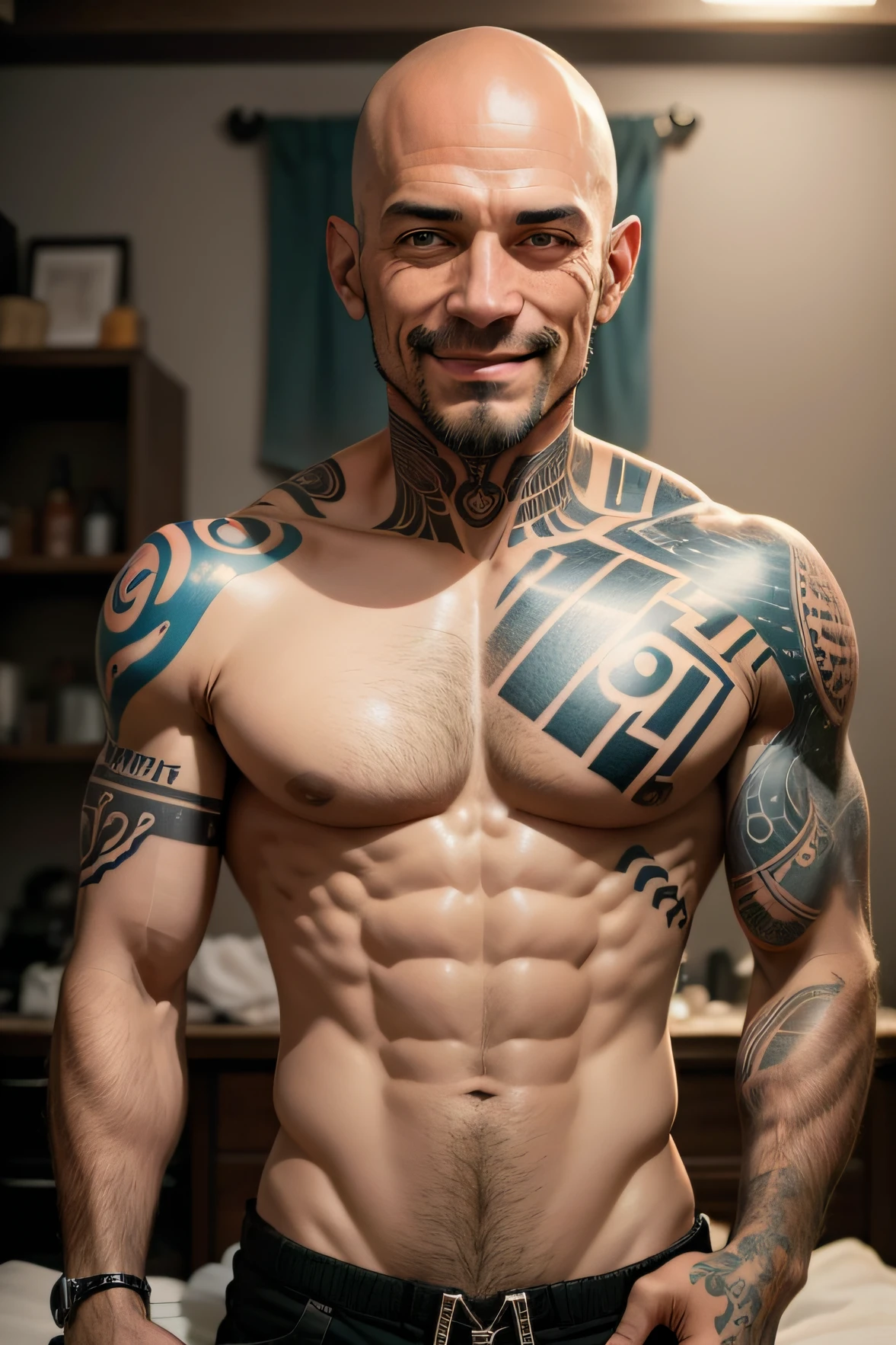 homem careca sorrindo sem tatuagem e com roupa social, being tattooed on the head by tattoo artist