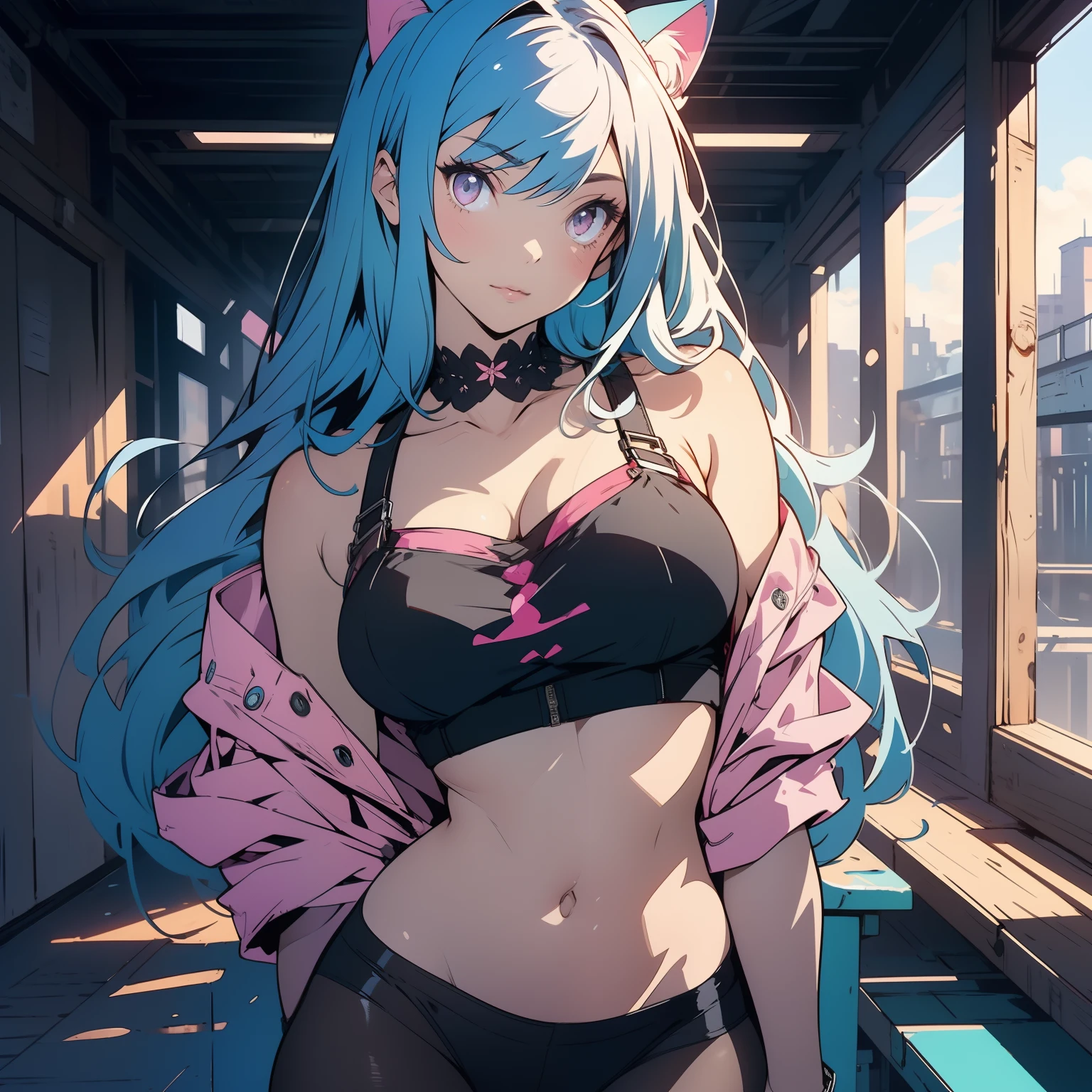 (finely detailed beautiful eyes and detailed face,masterpiece, full body shot, sidelighting,masterpiece,best quality,detailed,high resolution illustration), (1girl, solo, alone) alluring face and chest, big chest
(1girl,whole body,bishoujo,lustrous skin,looking down,looking at viewer),
(sky blue hair,pink eyes, cat-girl, pink crop top, wearing bare black pantyhose)