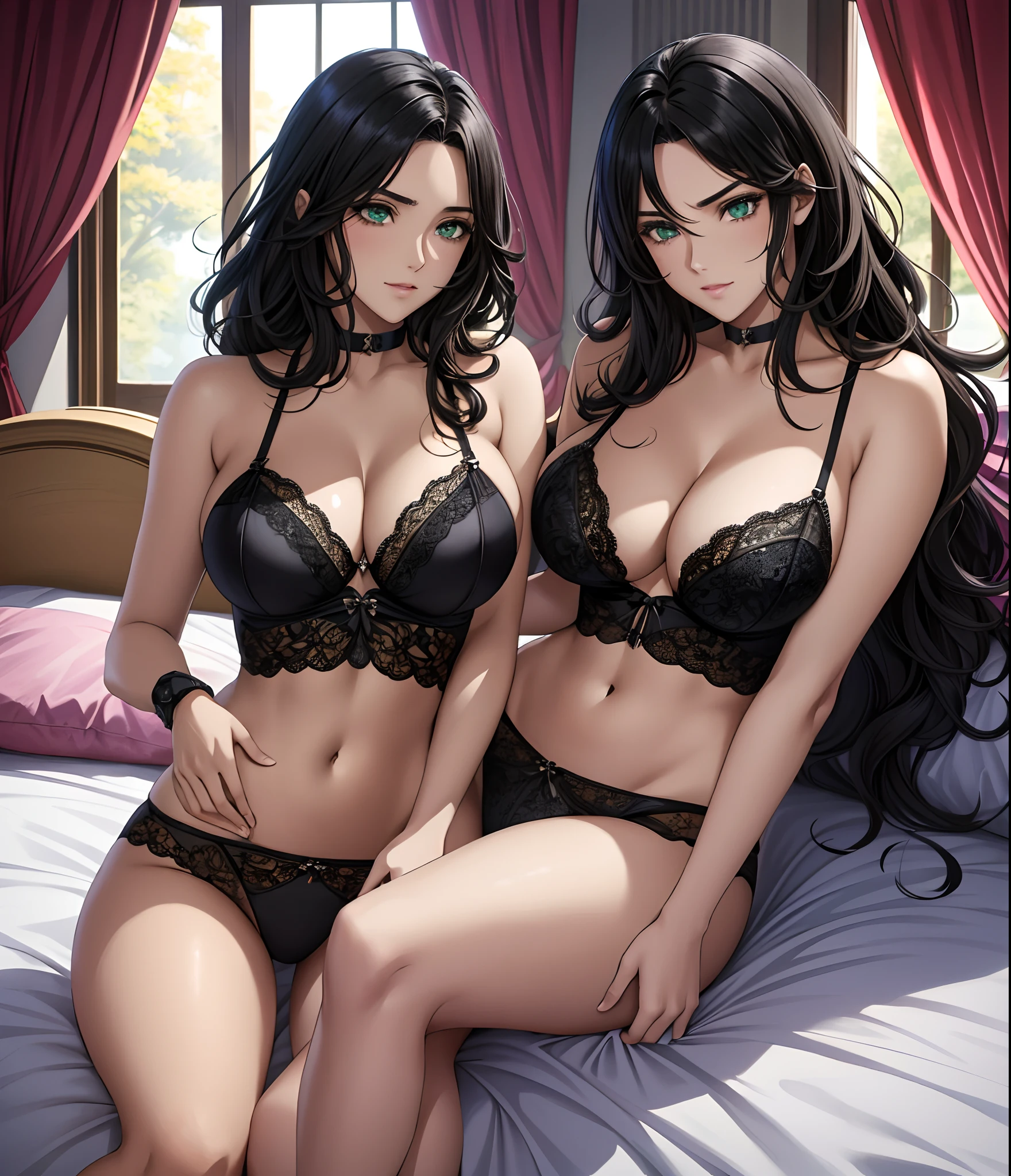 (((A young woman))), the anime, ( Green eyes), (black hair), Nice face, ssmile, the perfect body, Wavy Hair, hairlong, (((morena))), big breastes, ((tmasterpiece, beste-Qualit)), illustartion, ультра детализированная 8k, Photorealistic, sharp-focus, higly detailed, Professional lighting, colorful details, Rainbow colors, Glowing, intricate detials, Vivid details, Two sisters, Twins, king sized bed, twilight, erotic underwear, Beautiful underwear, lace linge, stocklings, garter, Defiant postures