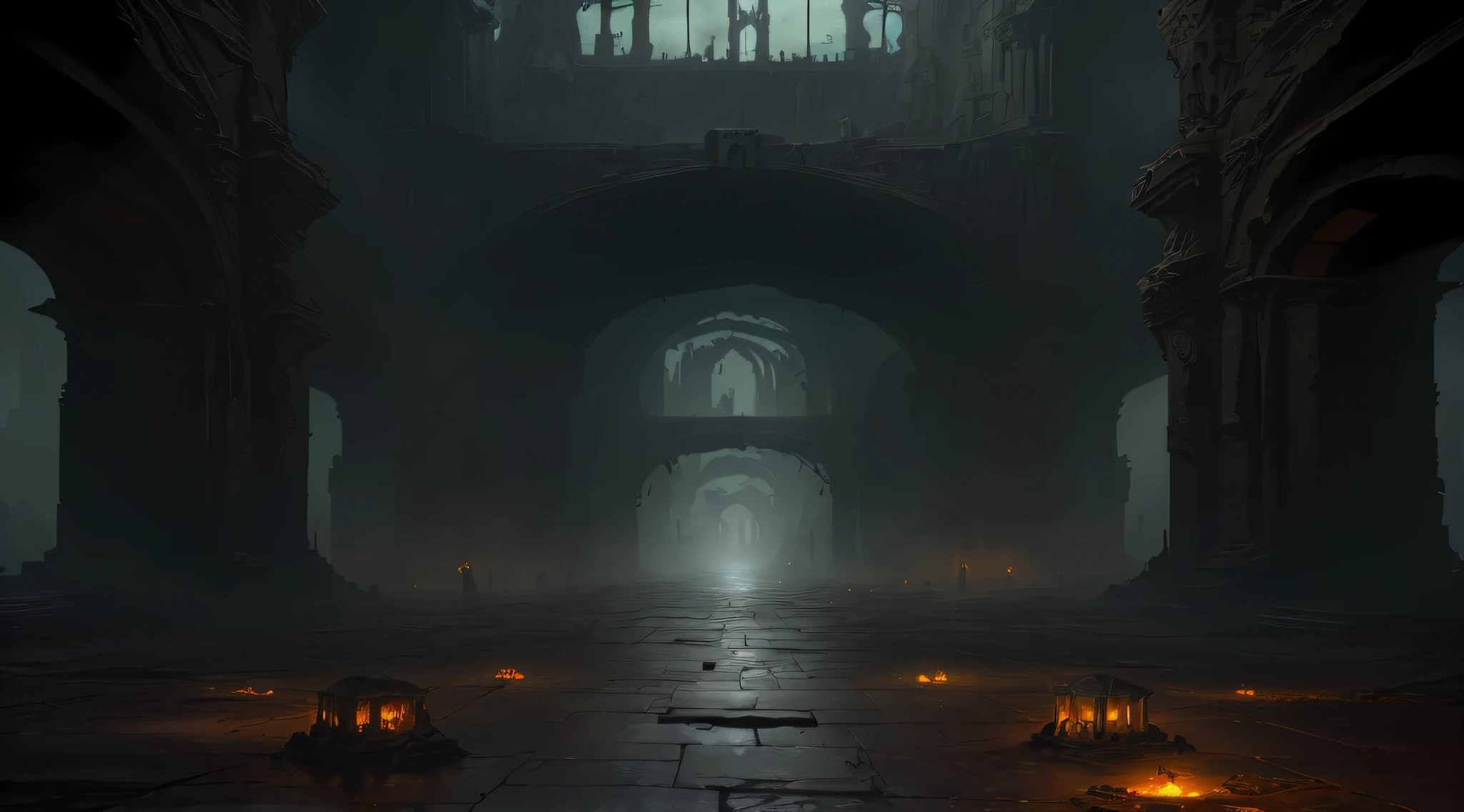(masterpiece), ancient dark dungeon, (vast decrepit scenery), megastructure, (art by [Bastien Lecouffe-Deharme|Caspar David Friedrich]:1.2), (unreal engine render, photorealistic painting, photorealism:1.2), (mysterious)