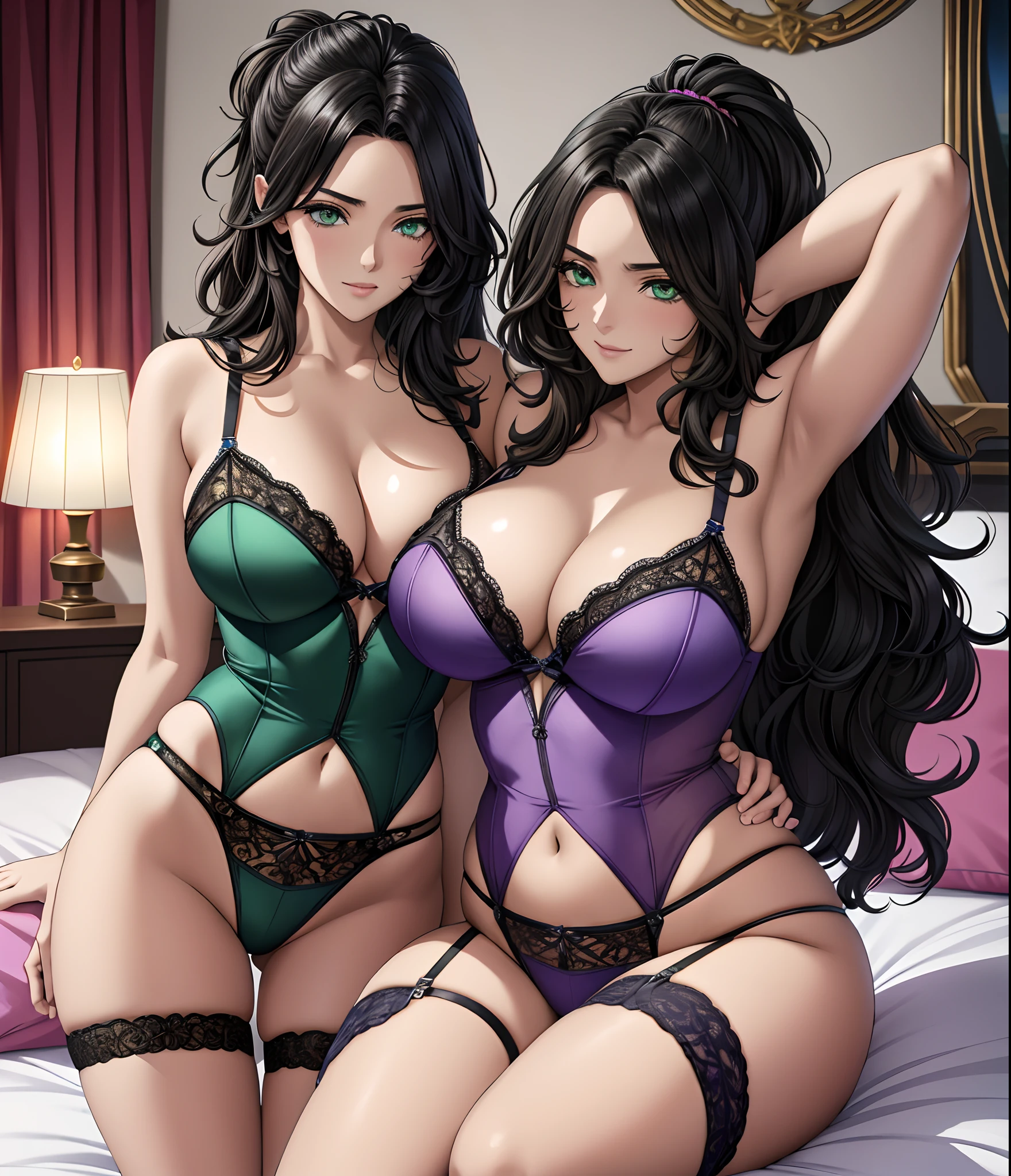 (((A young woman))), the anime, ( Green eyes), (black hair), Nice face, ssmile, the perfect body, Wavy Hair, hairlong, (((morena))), big breastes, ((tmasterpiece, beste-Qualit)), illustartion, ультра детализированная 8k, Photorealistic, sharp-focus, higly detailed, Professional lighting, colorful details, Rainbow colors, Glowing, intricate detials, Vivid details, Two sisters, Twins, king sized bed, twilight, erotic underwear, Beautiful underwear, lace linge, stocklings, garter, Defiant postures