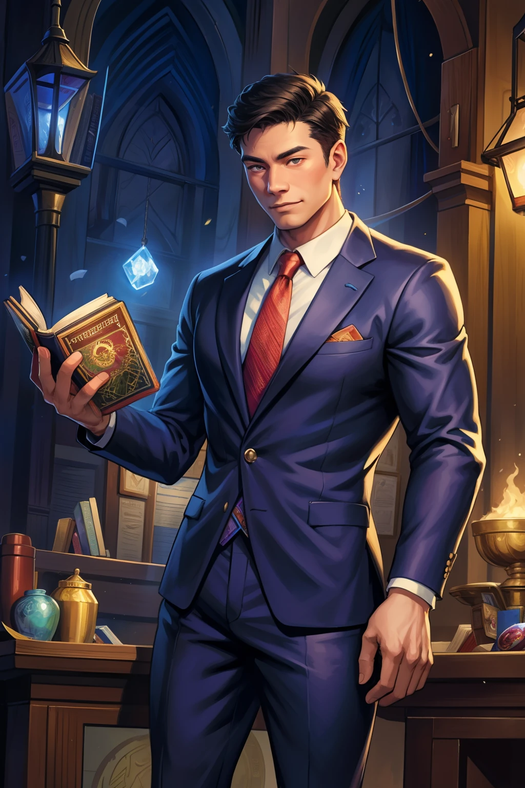 A detailed painting depicting a handsome, mature Asian man in a suit surrounded by a flurry of glowing Magic The Gathering cards and the book Dungeons and Dragons in the center.