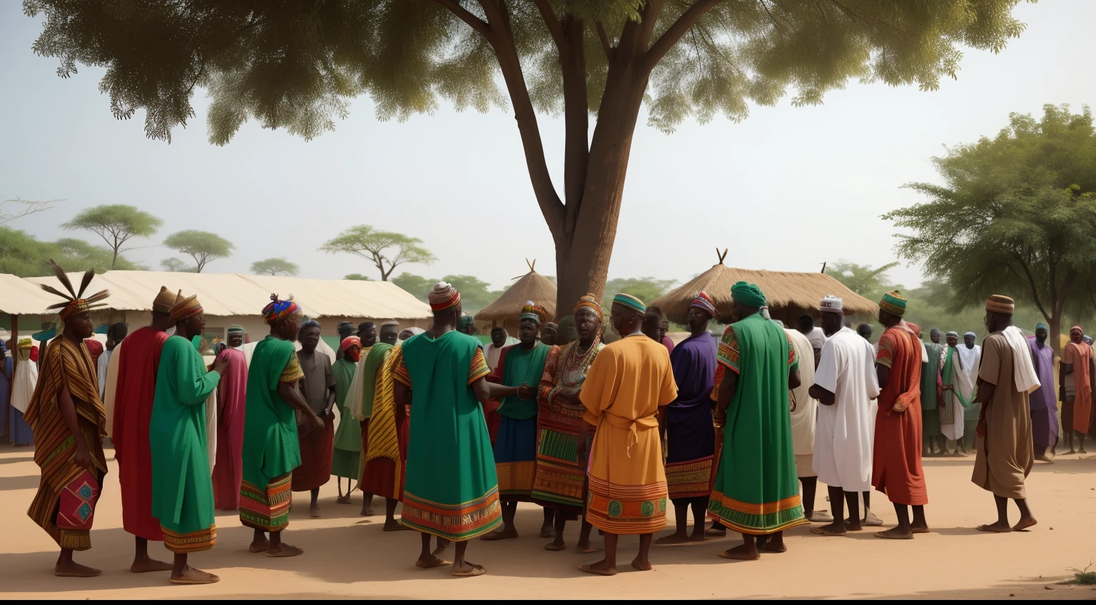 1911,
Nigeria.
 In a village square, members of a Nigerian tribe gather for a celebration. The village chief, adorned in vibrant robes and a feathered headdress, leads the festivities. The men wear loincloths and intricate beadwork, while women don colorful wrappers and headscarves, reflecting the cultural richness of West Africa.