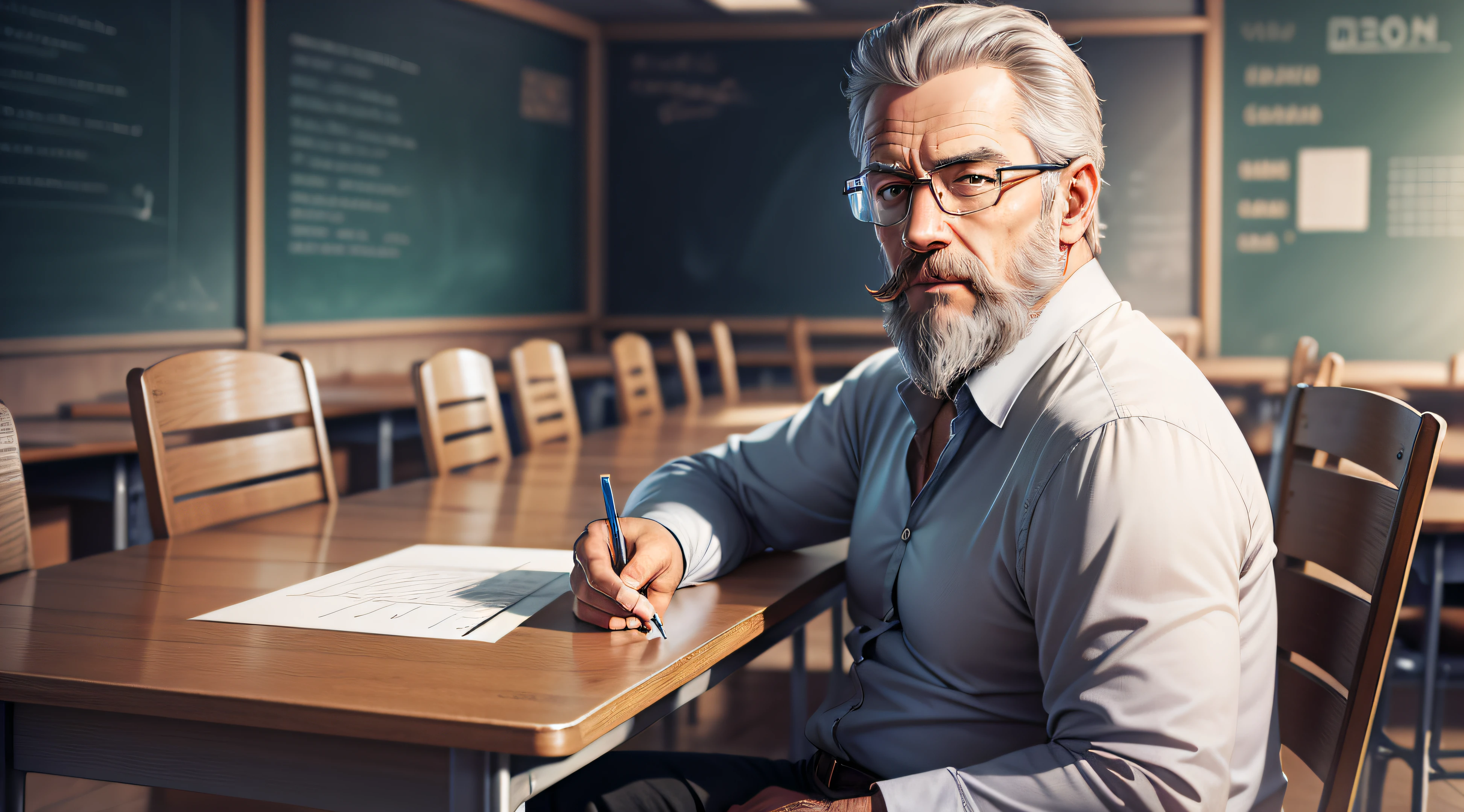 Drawing, ultra realistic, 8k, extremely detailed, in the best quality, a man, looking 50 years old, teacher, with beard, and glasses, in a classroom, and in his hands a large transparent and empty glass jug.