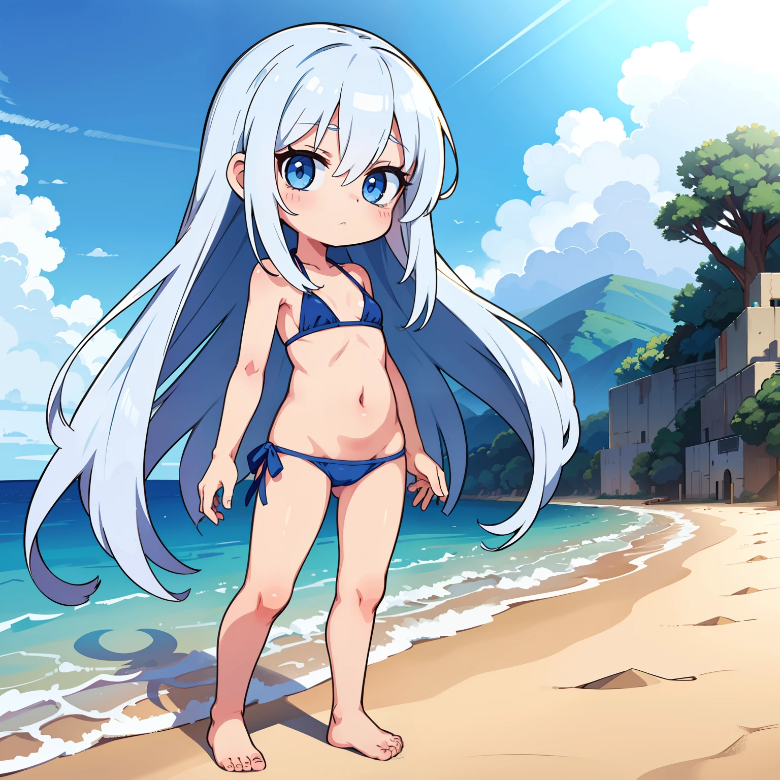 a , long white hair, bright blue eyes, double eyelids, Ecchi Anime, small body, small blue bikini, standing on the beach