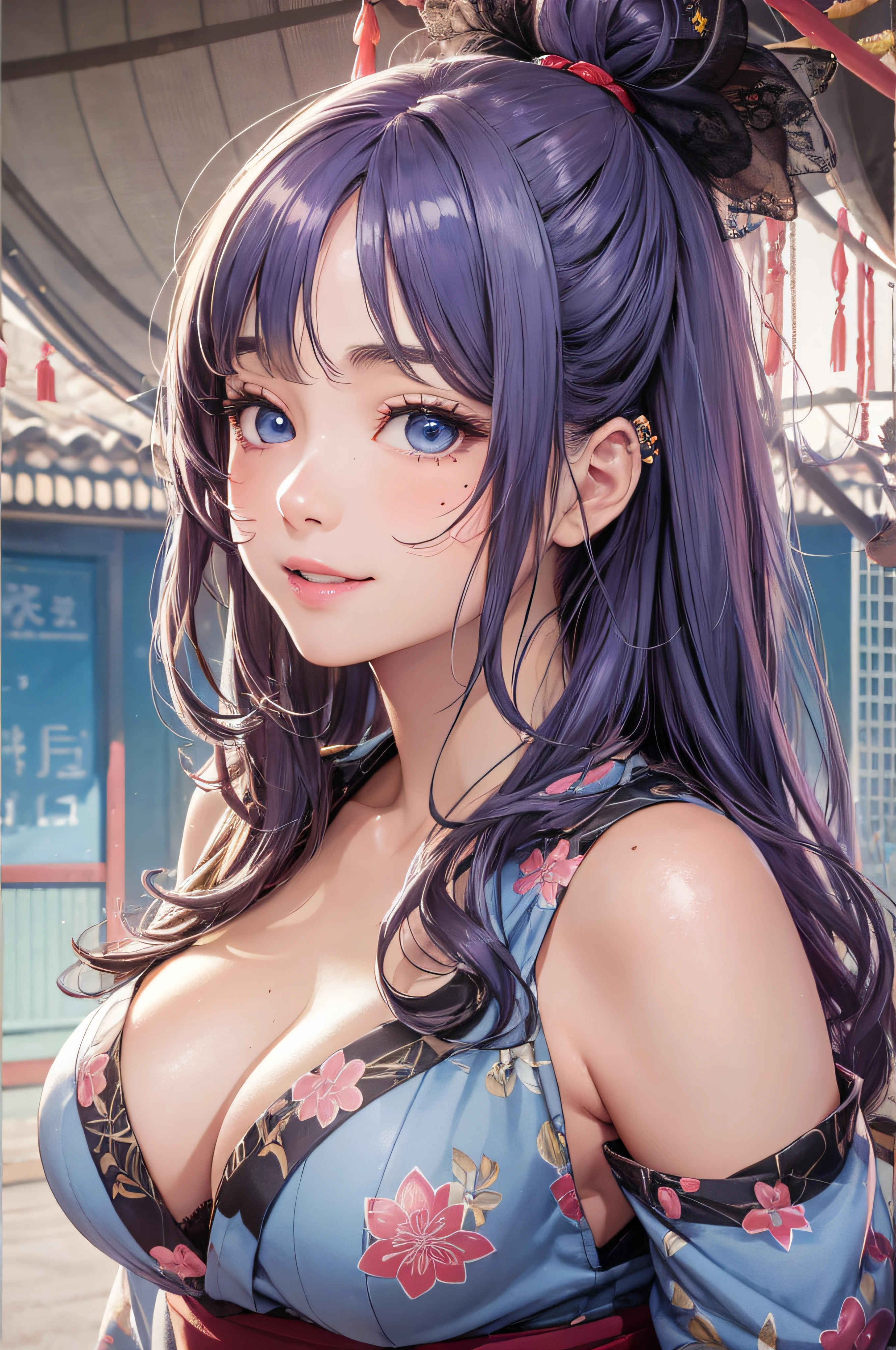 8K picture quality、top-quality、masutepiece、An ultra-high picture quality、ultra-detailliert、Ultra-realistic hair quality、Vibrant colors、Beautuful Women、Beautiful long hair、Shiny hair、detailed hairs、composed々Light hair color、poneyTail、Blue eyes、One small mole around the eye、shinny skin、Lace underwear、Very gigantic-breasts、Sweat on the forehead and cheeks、extremely big ass、Fluffy off-shoulder yukata、A smile、soft pink lips、Ultra-realistic flesh feeling、Red cheeks、summer festival in background