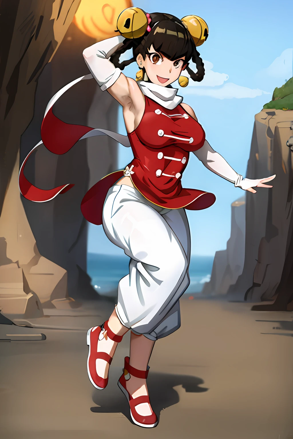 masterpiece, best quality, absurdres, 1girl, lin lin (one-punch man), medium breasts, brown eyes, solo, short hair, bangs, black hair, twin braids, bell, jingle bell, hair bell, hair ornament, gloves, dress, bare shoulders, jewelry, braid, earrings, detached sleeves, shoes, sleeveless, elbow gloves, pants, white gloves, fingerless gloves, white scarf, chinese clothes, red footwear, bridal gauntlets, hair rings, white pants, outdoors, fighting stance, village in beach, full body, walking, smile