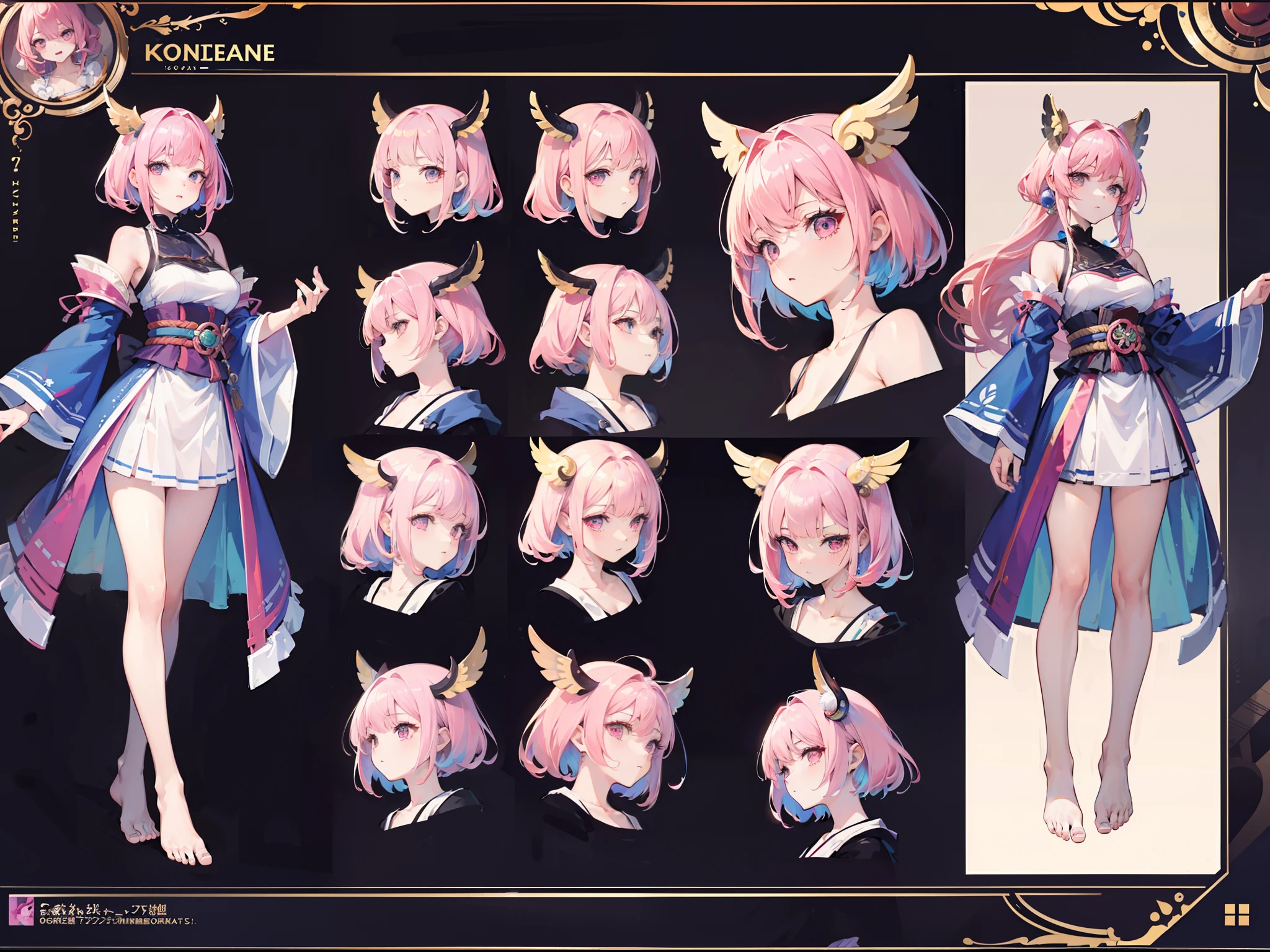 ((Masterpiece, Highest quality)), Detailed face, character design sheet, full bodyesbian, Full of details, Multiple poses and expressions, Highly detailed, Depth, Many parts,Pretty girl with pink hair,komono,Barefoot