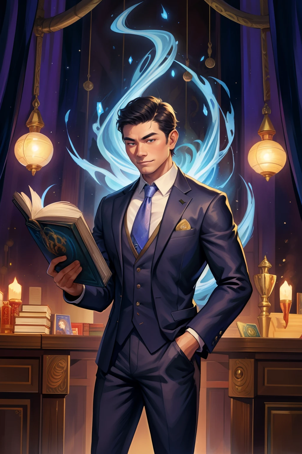 Highest quality、masterpiece、(muscular male:1.2)、(father:0.5)、Black Hair、Brown skin、Short Hair、Sports haircut、short hair、fantasy、library、wizard、Wearing a jet black robe、bare chest、Have a magic wand、starry skies、Looking for a book
