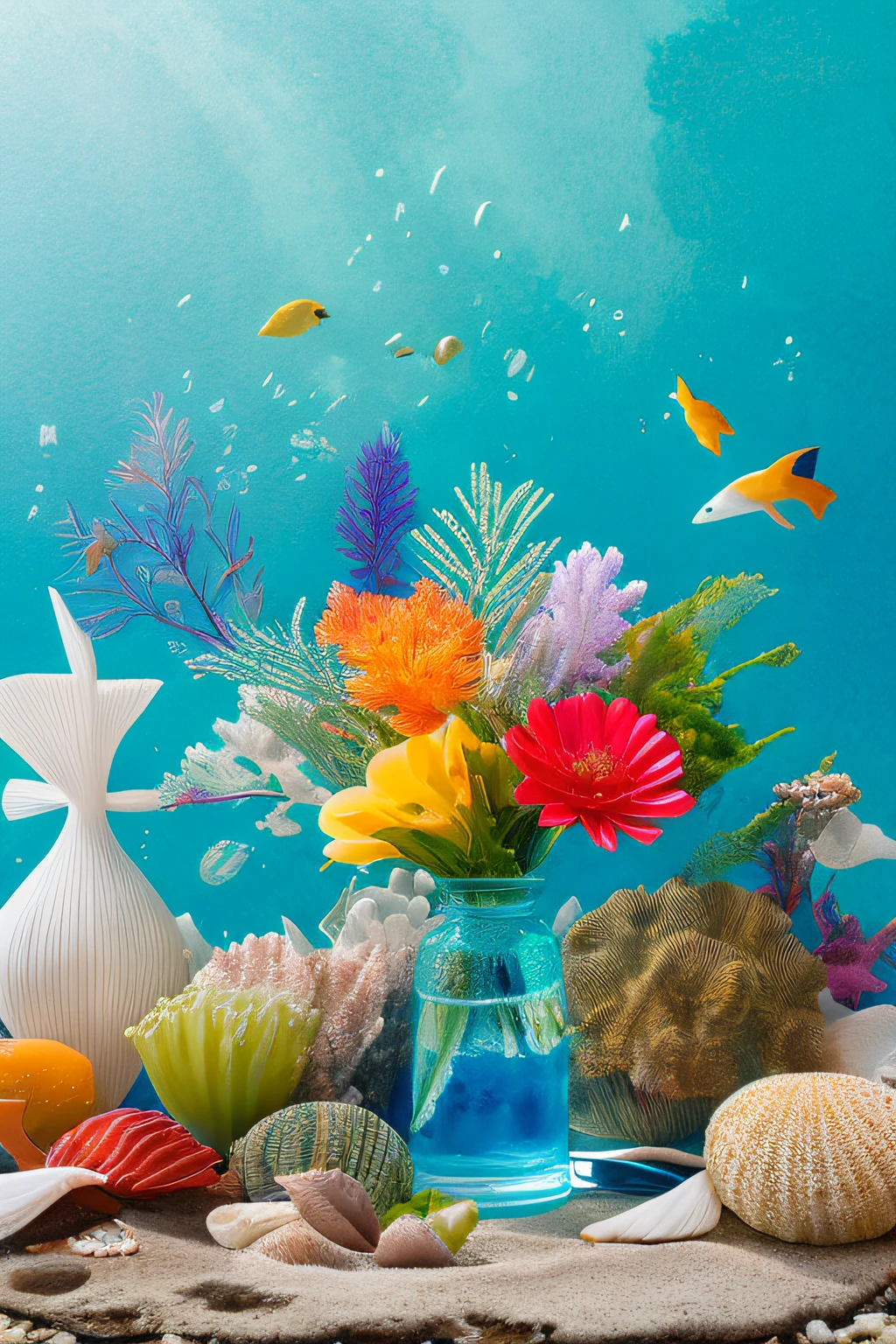 Create a sophisticated watercolor still life in a modern nautical style. Use fresh and bright colors, to convey the atmosphere of the beach and the sea breeze. Include the following elements, As shells, coral, starfish, and seaweed to create a snorkeling experience. Add modern accents, such as glass vases or abstract shapes, To give your still life a modern look. Arrange the objects in this way, to create harmony and balance in the composition. Let the picture become the embodiment of modernity and the beauty of marine decoration.