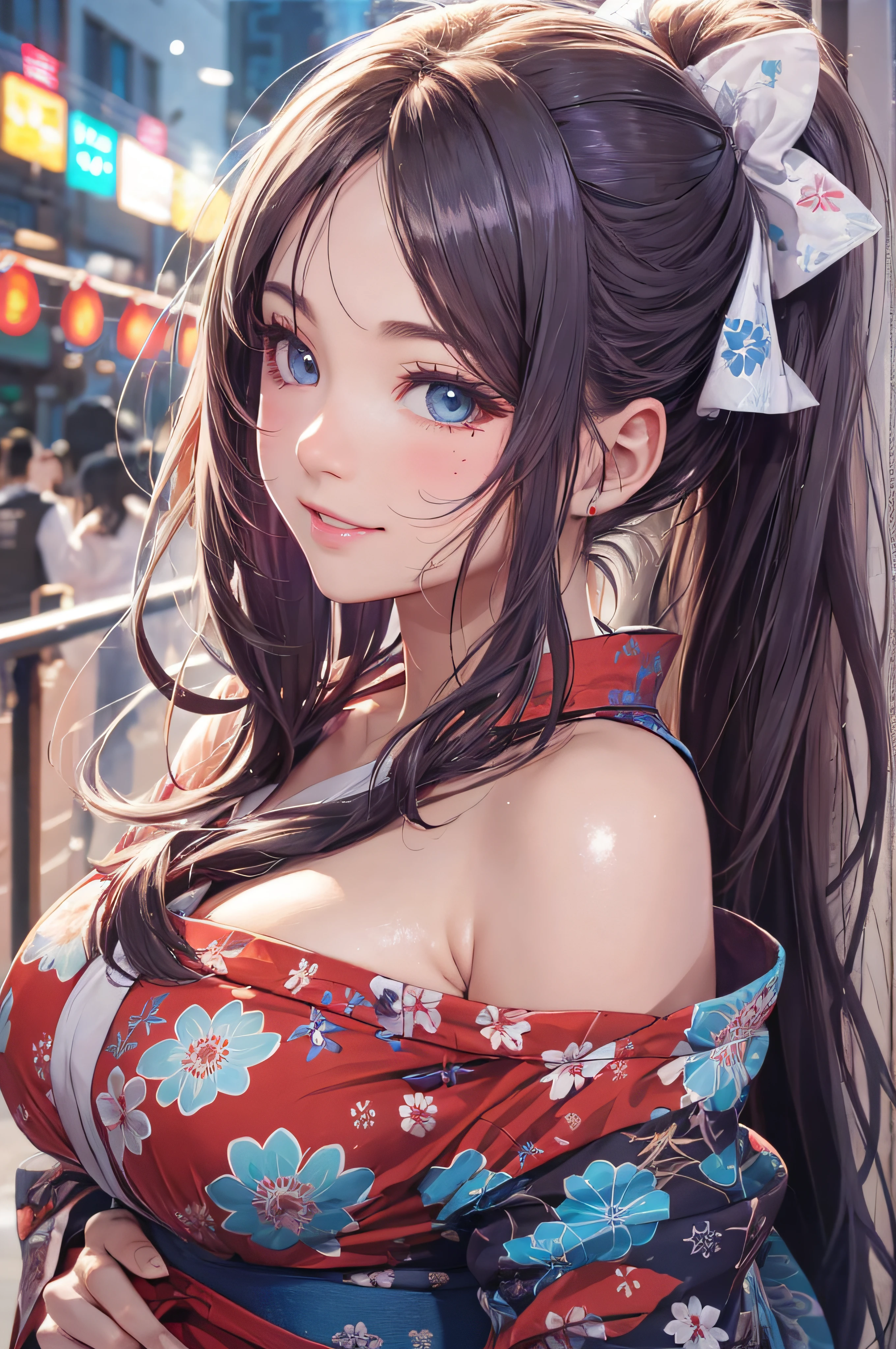 8K picture quality、top-quality、masutepiece、An ultra-high picture quality、ultra-detailliert、Ultra-realistic hair quality、Vibrant colors、Beautuful Women、Beautiful long hair、Shiny hair、detailed hairs、Blue Mesh、poneyTail、Blue eyes、shinny skin、Lace underwear、Very gigantic-breasts、Sweat on the forehead and cheeks、extremely big ass、Fluffy off-shoulder yukata、A smile、soft pink lips、Ultra-realistic flesh feeling、Red cheeks、summer festival in background
