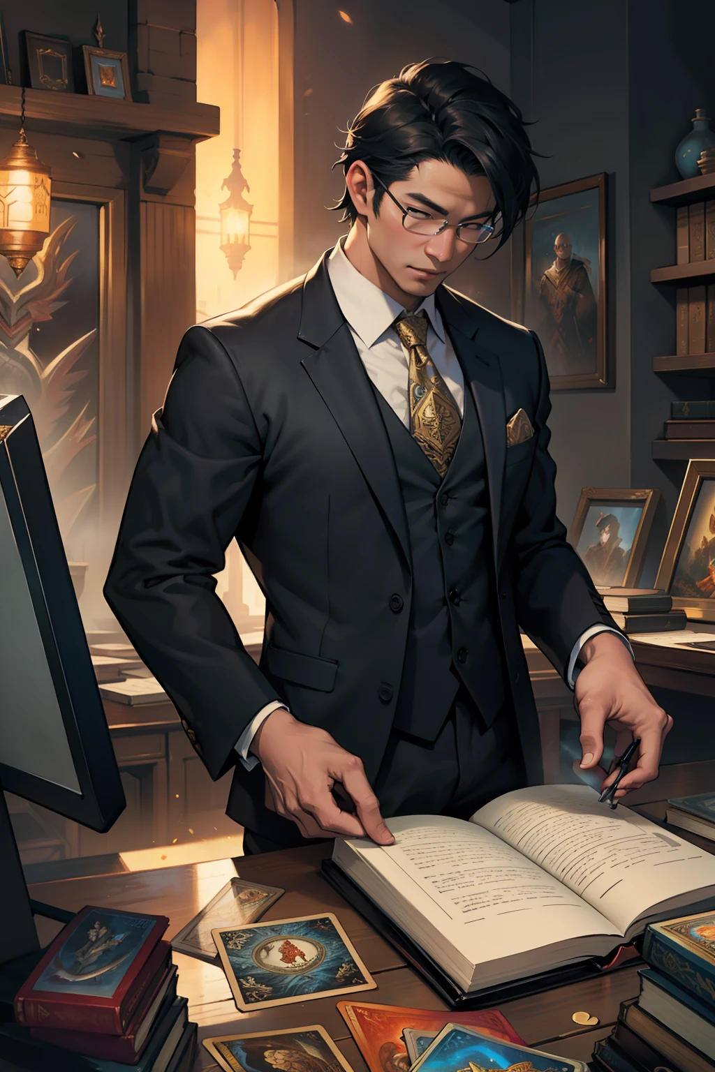 There is a man in a suit and tie standing in front of a book - SeaArt AI