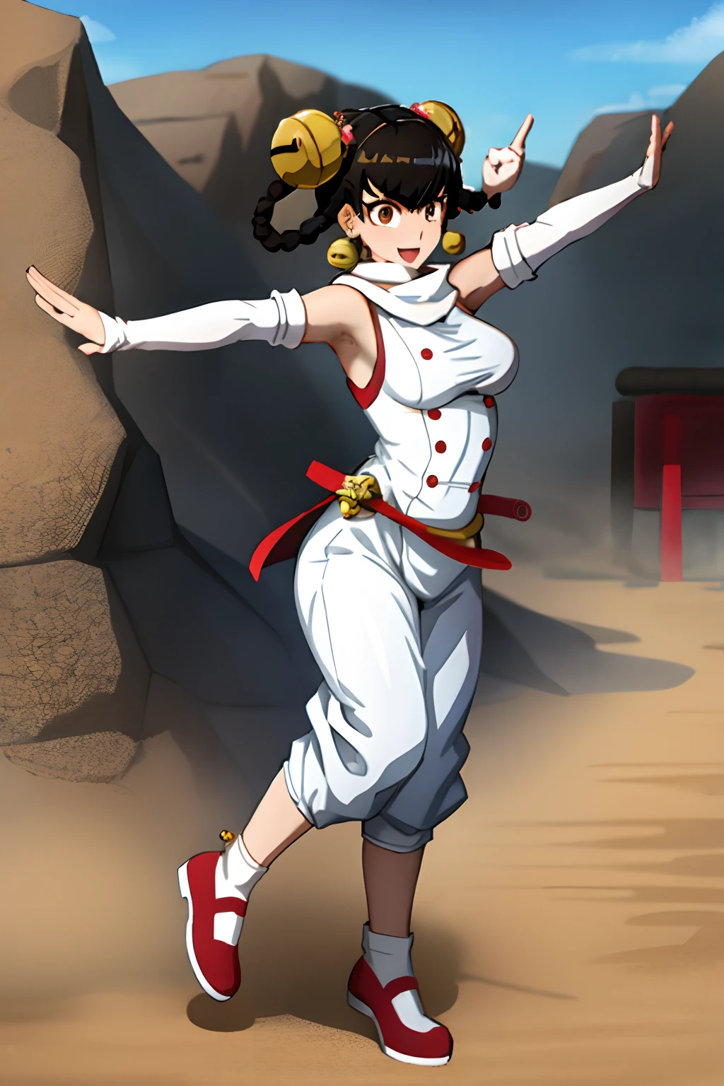 masterpiece, best quality, absurdres, 1girl, lin lin (one-punch man), medium breasts, brown eyes, solo, short hair, bangs, black hair, twin braids, bell, jingle bell, hair bell, hair ornament, gloves, dress, bare shoulders, jewelry, braid, earrings, detached sleeves, shoes, sleeveless, elbow gloves, pants, white gloves, fingerless gloves, white scarf, chinese clothes, red footwear, bridal gauntlets, hair rings, white pants, outdoors, fighting stance, village in beach, full body, walking, smile