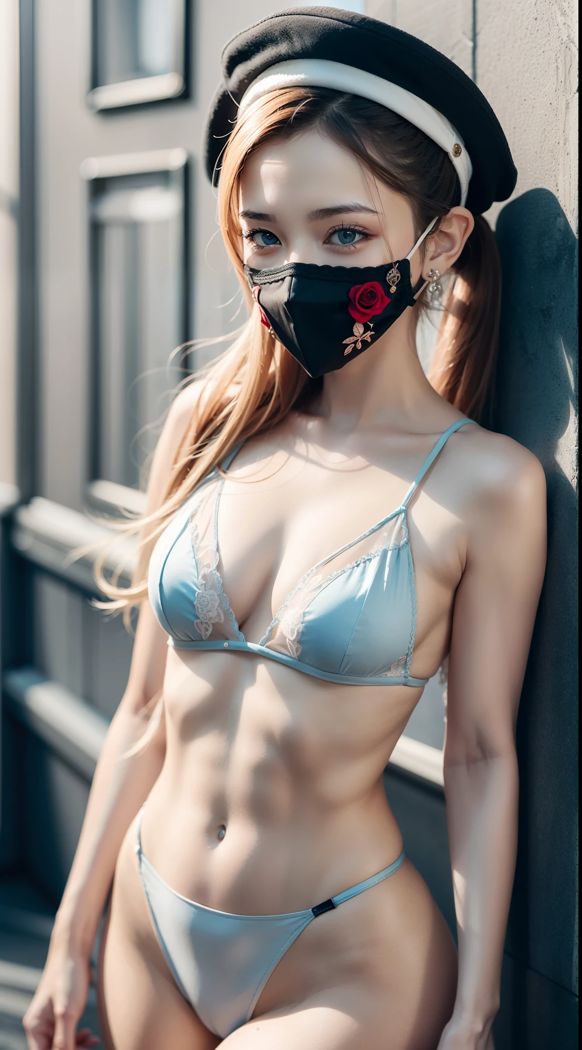 Rose-patterned masks are elaborately depicted,Delicate skin,Blue charming eyes,watered eyes,Delicate blonde high ponytail girl,Sailor's cap,elvish ears,Soft light and shadow,best quality wallpaper,ultra HD picture quality。