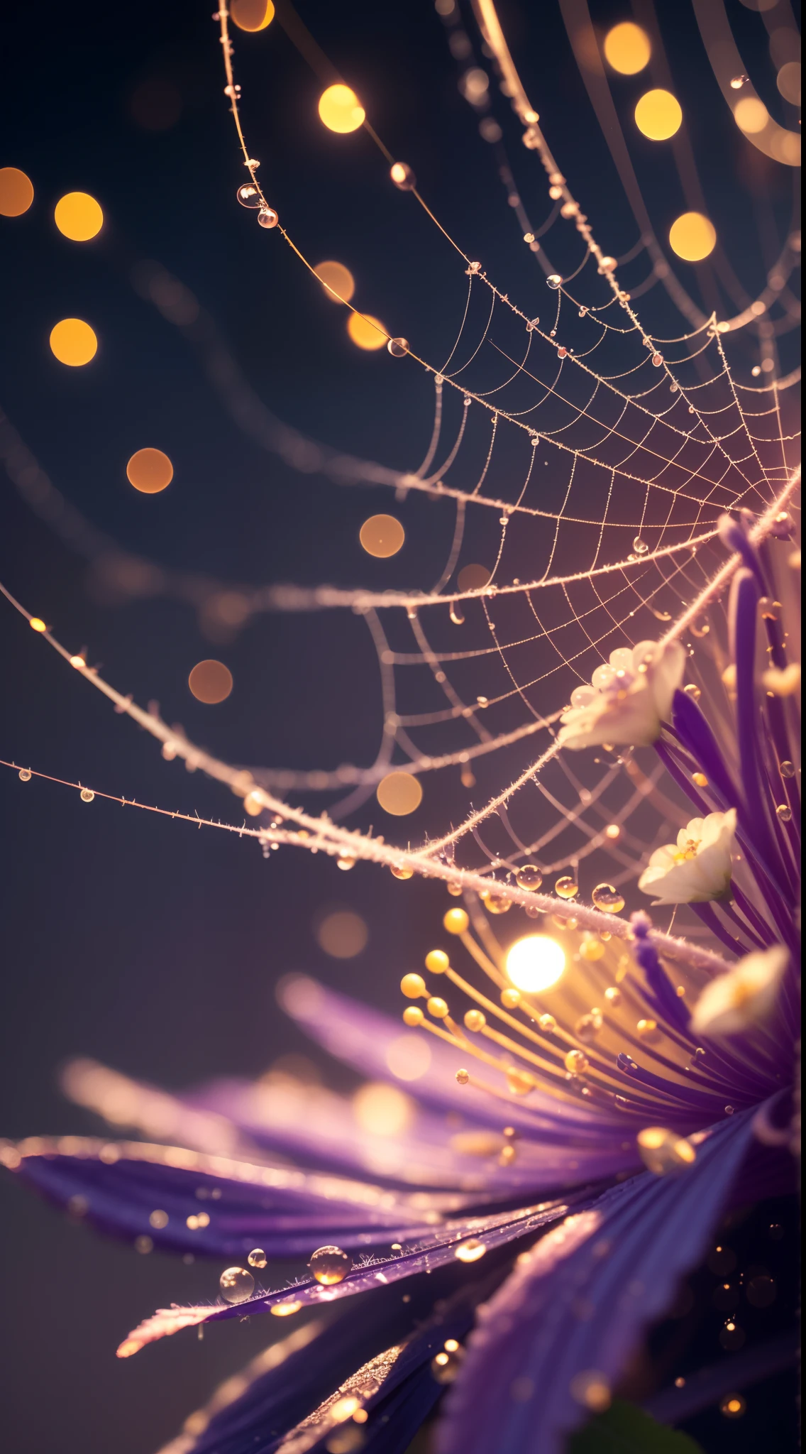 Divinely beautiful  microscopic world , Masterpiece , Macro photography , cobweb close up, film grain, chromatic aberration, neon bokeh , smoke , highly detailed, Bright sunny weather, microflowers, drops, blur, lilac