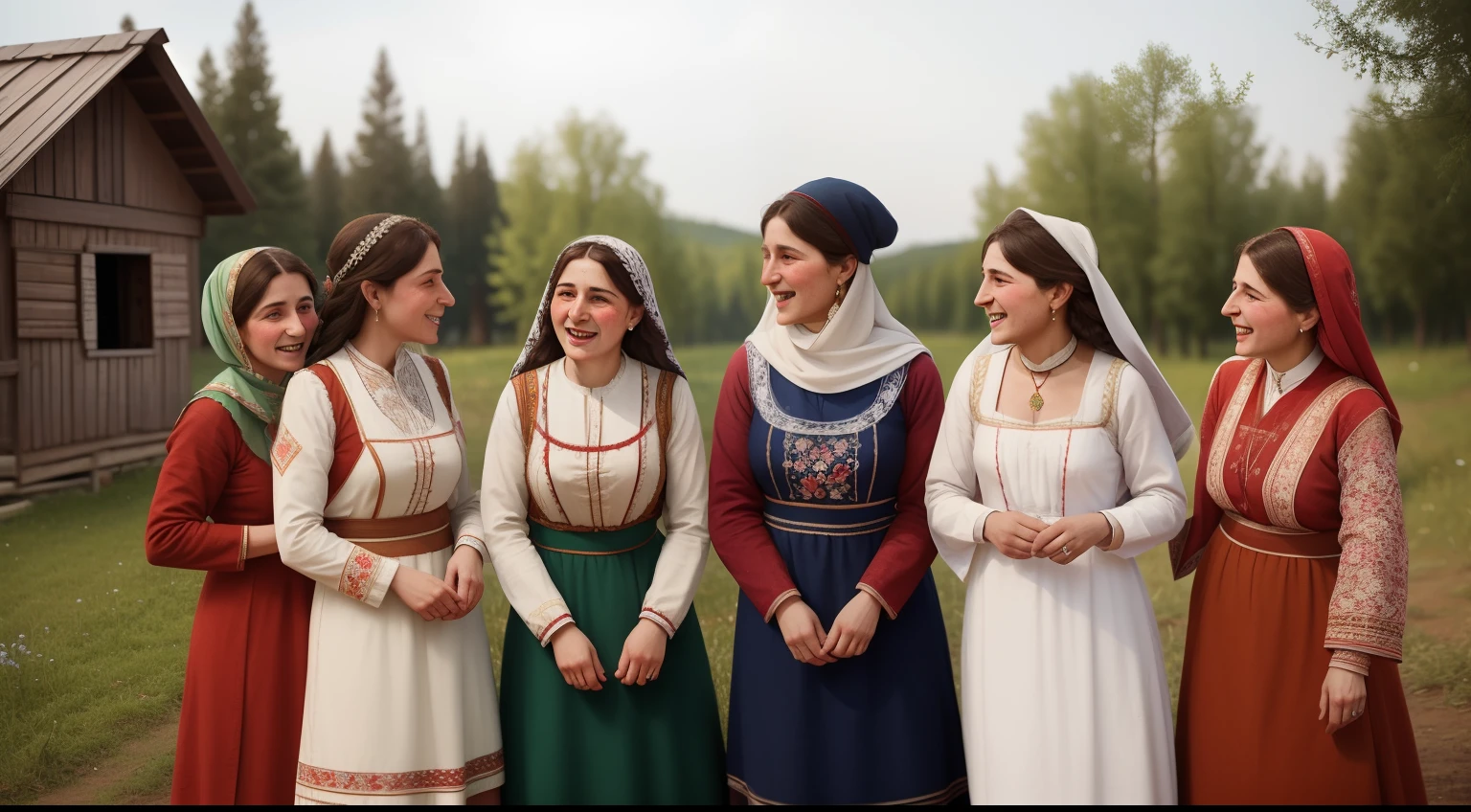 1910,
Russia.
In a rural Russian village, a group of Jewish women gather to celebrate a wedding. They wear traditional attire, including headscarves and embroidered dresses. Their laughter and camaraderie capture the vitality of cultural traditions amidst a changing world.