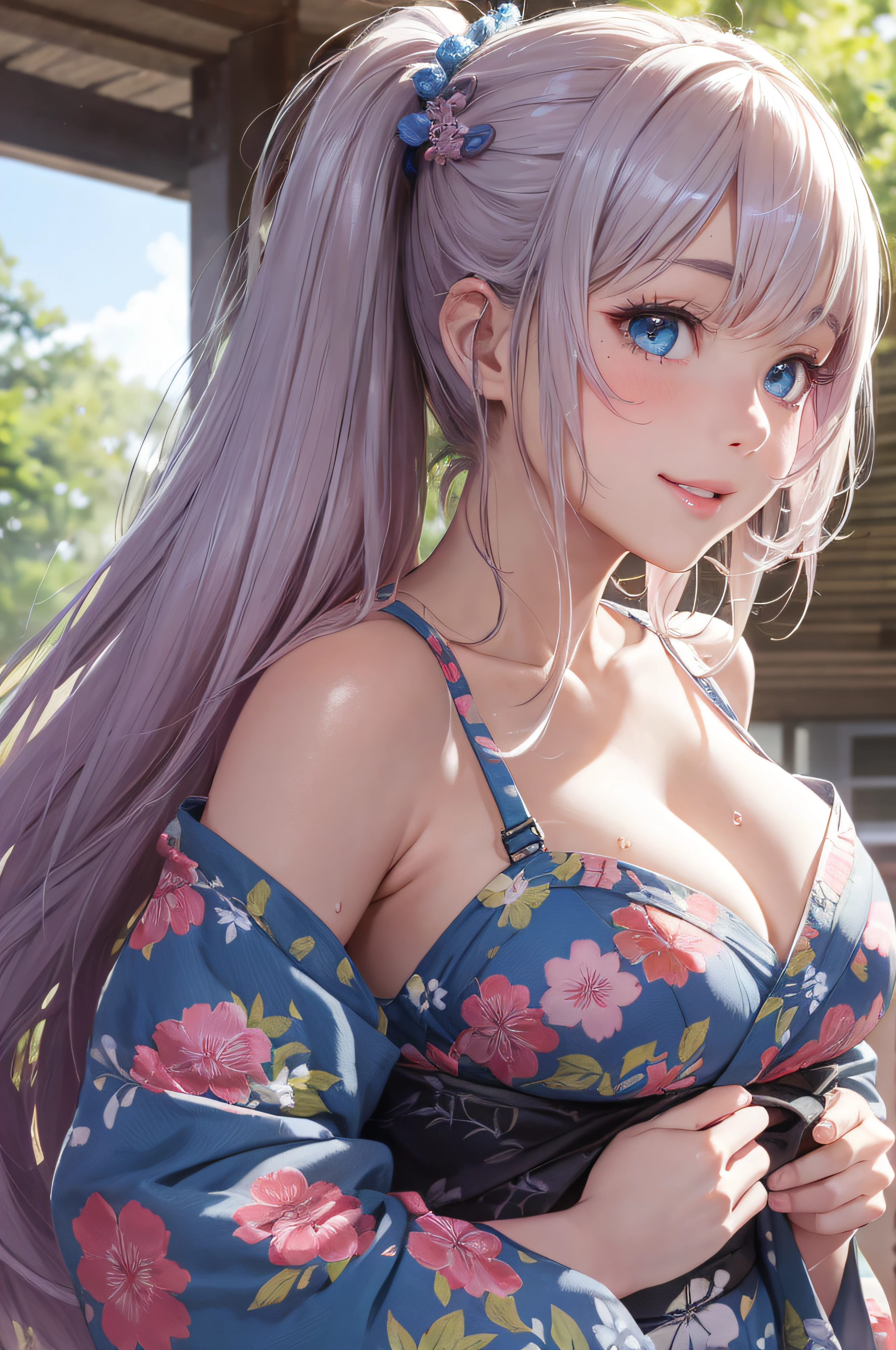 8K picture quality、top-quality、masutepiece、An ultra-high picture quality、ultra-detailliert、Ultra-realistic hair quality、Vibrant colors、Beautuful Women、Beautiful long hair、Shiny hair、detailed hairs、composed々Light hair color、poneyTail、Blue eyes、One small mole around the eye、shinny skin、Lace underwear、Very gigantic-、Sweat on the forehead and cheeks、extremely big ass、Flu off-shoulder yukata、A smile、soft pink lips、Ultra-realistic flesh feeling、Red cheeks、summer festival in background