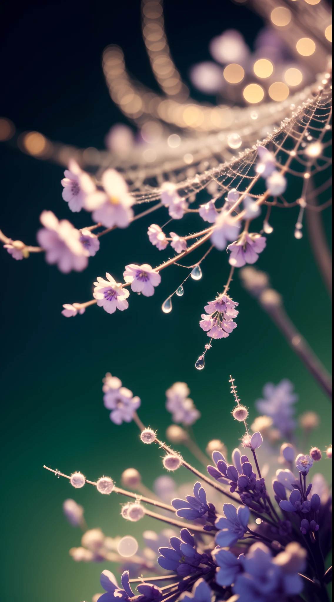 Divinely beautiful  microscopic world , Masterpiece , Macro photography , cobweb close up, film grain, chromatic aberration, neon bokeh , smoke , highly detailed, Bright sunny weather, microflowers, drops, blur, lilac