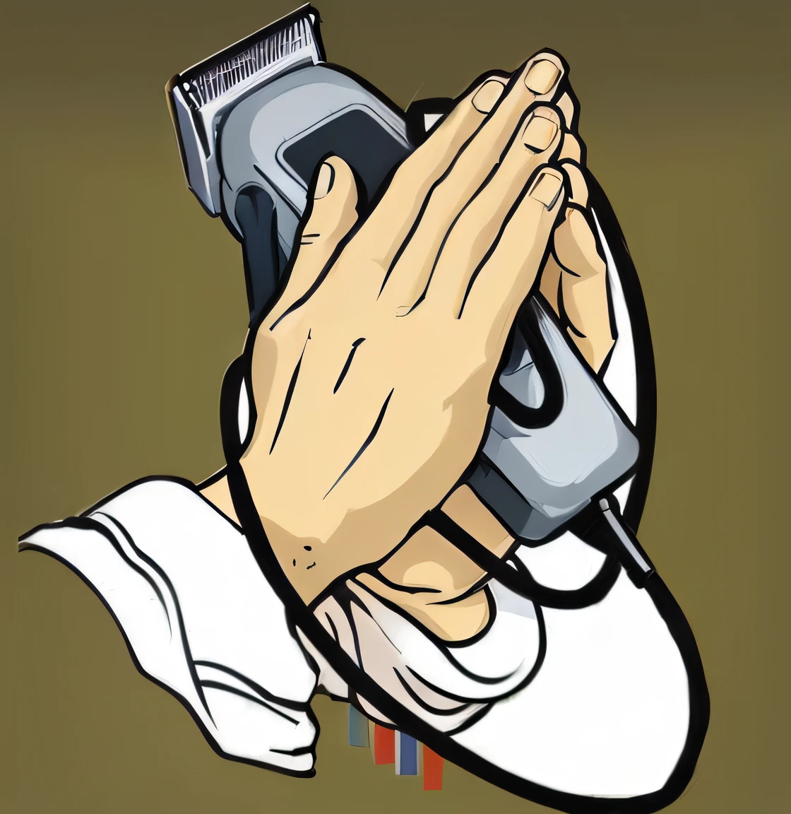 Someone is holding a haircutter and a haircutter in their hands, prayer hands, hands of blessing, doing a prayer, imagem dos desenhos animados, praying, arte vetorial cel sombreada, Rezar com tabaco, Directed by: Allen Jones, vector illustration, Prayer, praying posture, inspirado em Bapu, no head, desenho vetorial, arte vetorial sombreada cel limpa, ( asaf hanuka )