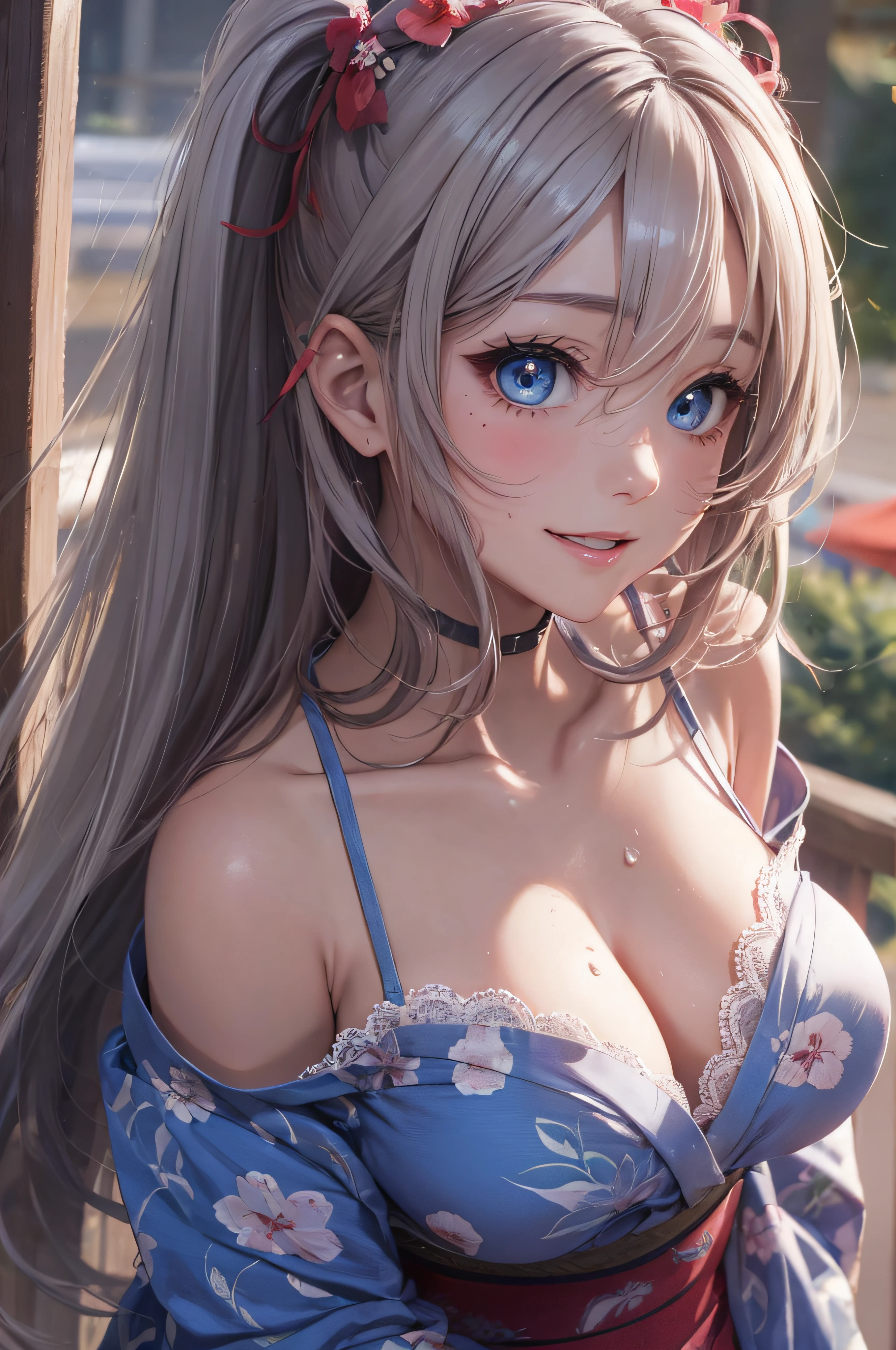 8K picture quality、top-quality、masutepiece、An ultra-high picture quality、ultra-detailliert、Ultra-realistic hair quality、Vibrant colors、Beautuful Women、Beautiful long hair、Shiny hair、detailed hairs、composed々Light hair color、poneyTail、Blue eyes、One small mole around the eye、shinny skin、Lace underwear、Very gigantic-breasts、Sweat on the forehead and cheeks、extremely big ass、Fluffy off-shoulder yukata、A smile、soft pink lips、Ultra-realistic flesh feeling、Red cheeks、summer festival in background