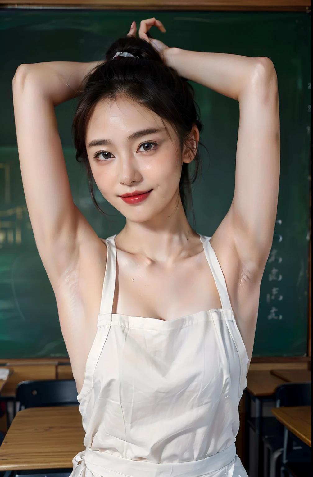 ((Girl with armpit odor、Armpit、Show underarms、Sweaty glowing skin、Detailed armpit wrinkles、Girl with an armpit odor、))、(A hyper-realistic), (illustratio), (high-detail), (8K), (high-detail), (The best illustrations), (beatiful detailed eyes), (top-quality), (ultra-detailliert), (Master masterpiece), (wall-paper), (详细的脸),full of sweat,Upper Body Up,hairarmpits,high-ponytail Hairstyle、red lipsticks、,White sexy panties、one girls, In front of the blackboard in the classroom、japanes, Lower breast, (camel's toe)