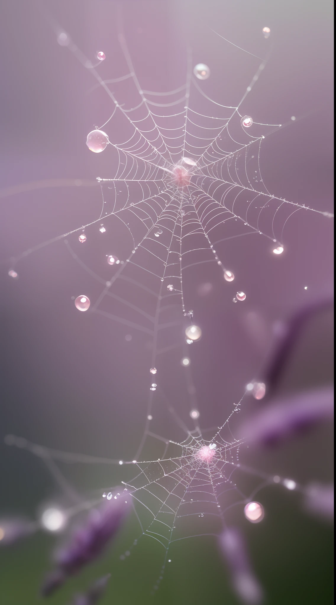 Divinely beautiful microscopic world , Masterpiece , Macro photography , cobweb close up, film grain, chromatic aberration, neon bokeh , smoke , highly detailed, Bright sunny weather, microflowers, drops, blur, lilac