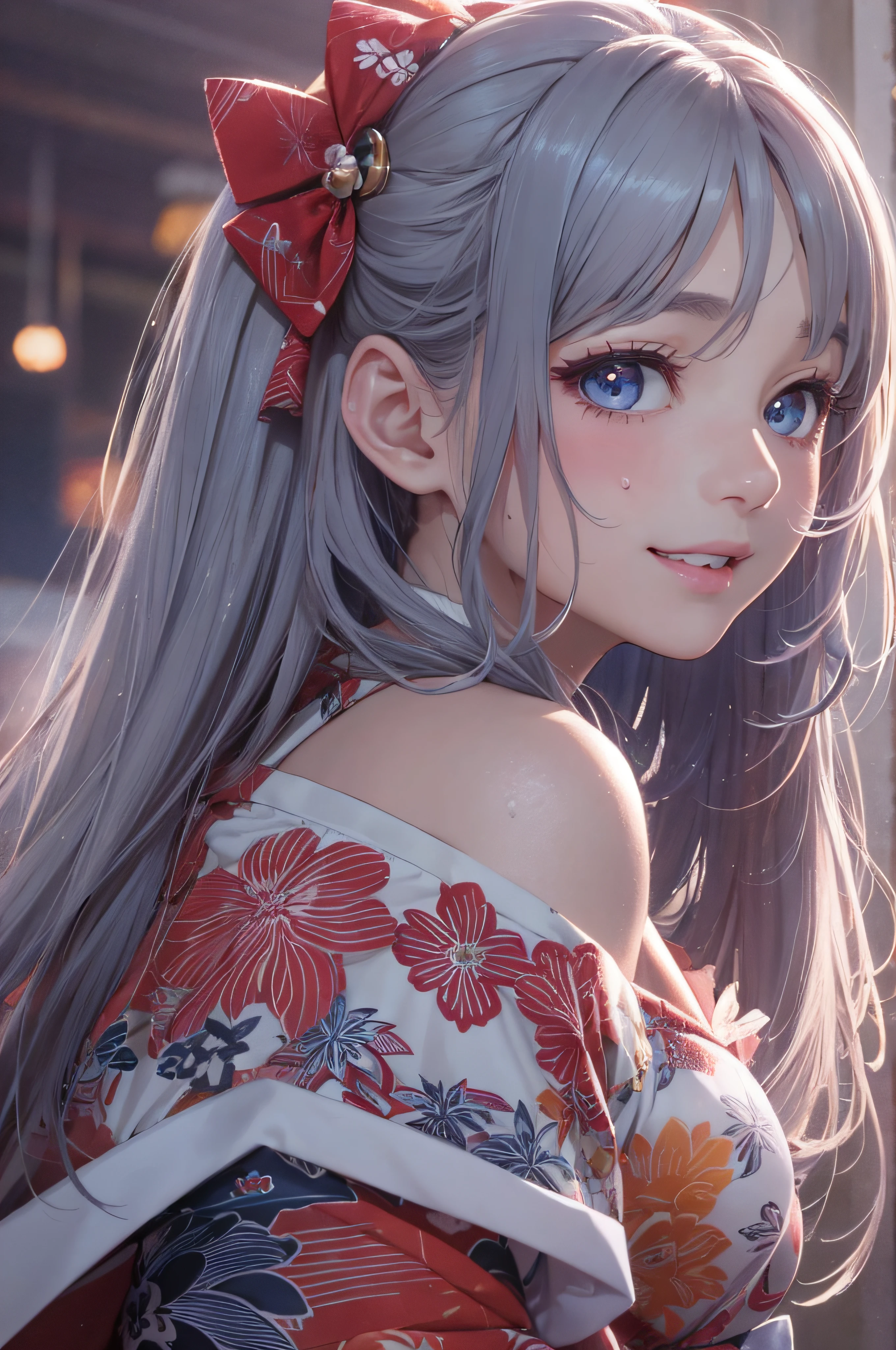 8K picture quality、top-quality、masutepiece、An ultra-high picture quality、ultra-detailliert、Ultra-realistic hair quality、Vibrant colors、Beautuful Women、Beautiful long hair、Shiny hair、detailed hairs、composed々Light hair color、poneyTail、Blue eyes、One small mole around the eye、shinny skin、Lace underwear、Very gigantic-breasts、Sweat on the forehead and cheeks、extremely big ass、Fluffy off-shoulder yukata、A smile、soft pink lips、Ultra-realistic flesh feeling、Red cheeks、summer festival in background