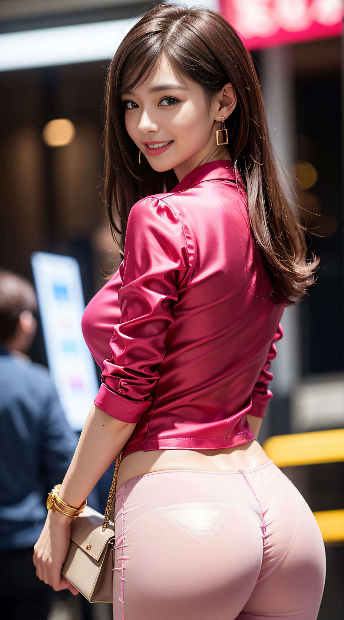 8k, masterpiece, RAW photo, best quality, photorealistic, extremely detailed CG unity 8k wallpaper, Depth of field, Cinematic Light, Lens Flare, Ray tracing, (extremely beautiful face, beautiful lips, beautiful eyes), intricate detail face, ((ultra detailed skin)) 1girl, in the dark, deep shadow, pretty korean girl, kpop idol, 1 girl, (very slim slender fit-muscled body:1.3), ((looking at viewer)),(big smile:1.3), (tight pink pants), (laced mini pants), (midnight, dark night, (neon sign), (blurred background), dim light), (without people in the background:1.3), beautiful earrings, bracelets, necklace, hose, clear eyes, walking , front shot, (pale skin), (big eyes), face forward, (full body shot), ((silk hot pink shirt)), (brown hairs), (tight laced shirt), open navel, (looking at viewer:1.3) very slim, medium breasmes bag, (camel toe), ghs, Hermes bag, turn back, ((back shot))