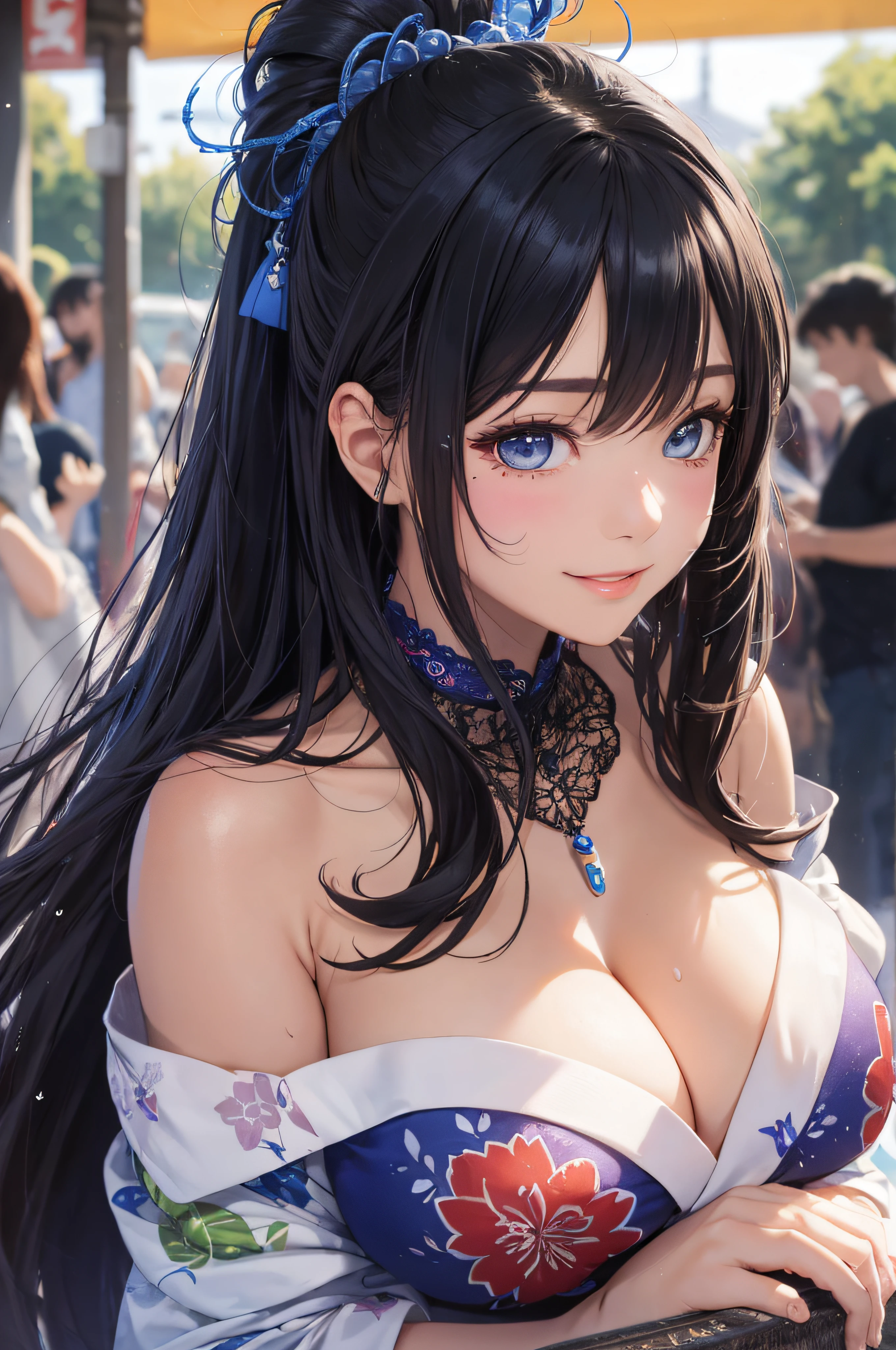 8K picture quality、top-quality、masutepiece、An ultra-high picture quality、ultra-detailliert、Ultra-realistic hair quality、Vibrant colors、Beautuful Women、Beautiful long hair、Shiny hair、detailed hairs、Blue Mesh、poneyTail、Blue eyes、shinny skin、Lace underwear、One mole on the chest、large pectoral muscles、Very gigantic-breasts、Sweat on the forehead and cheeks、extremely big ass、Fluffy off-shoulder yukata、A smile、soft pink lips、Ultra-realistic flesh feeling、Red cheeks、summer festival in background